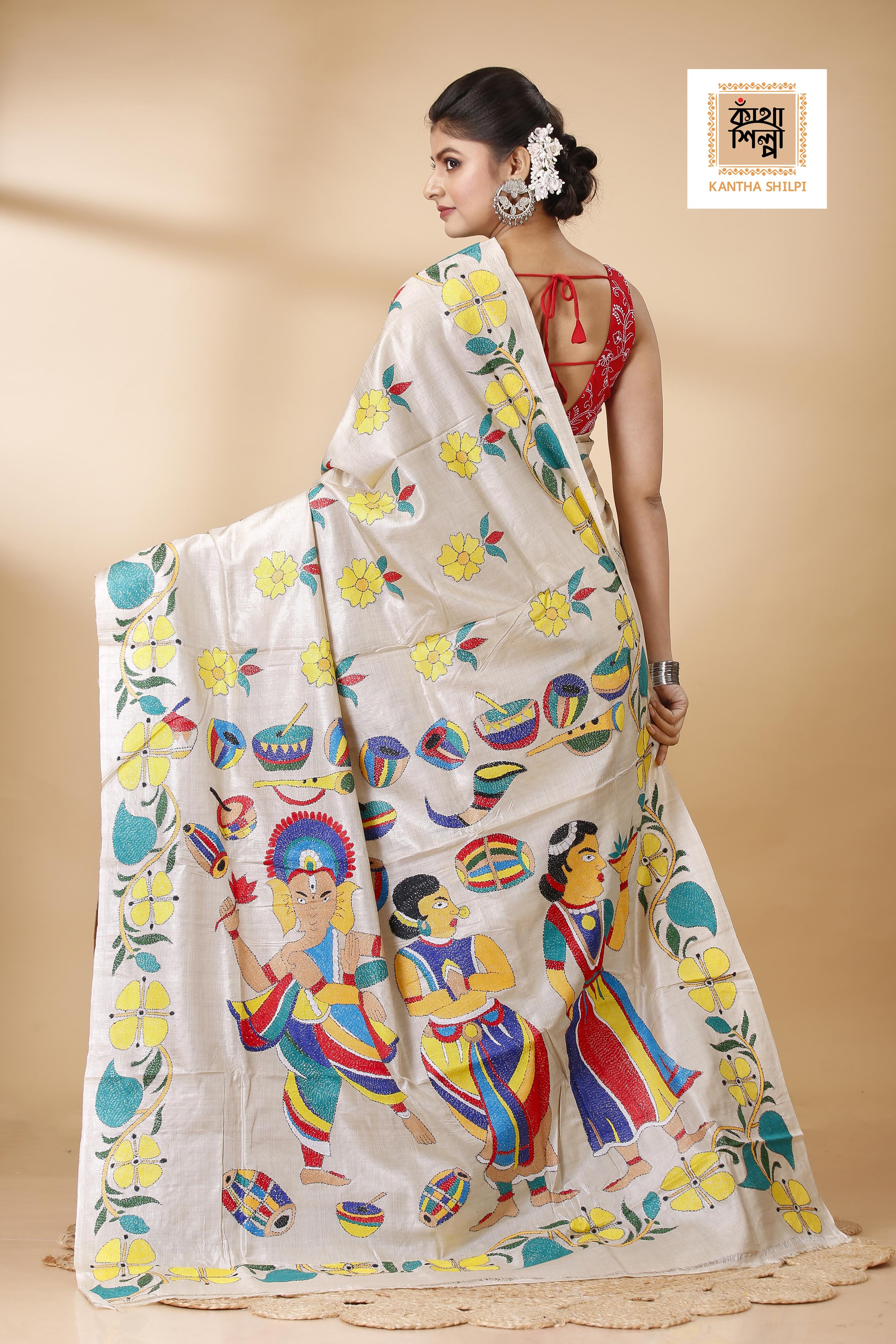 Gachi Tussar Multicolor Thread Work Lord Ganesha and Floral Design Kantha Stitch Saree