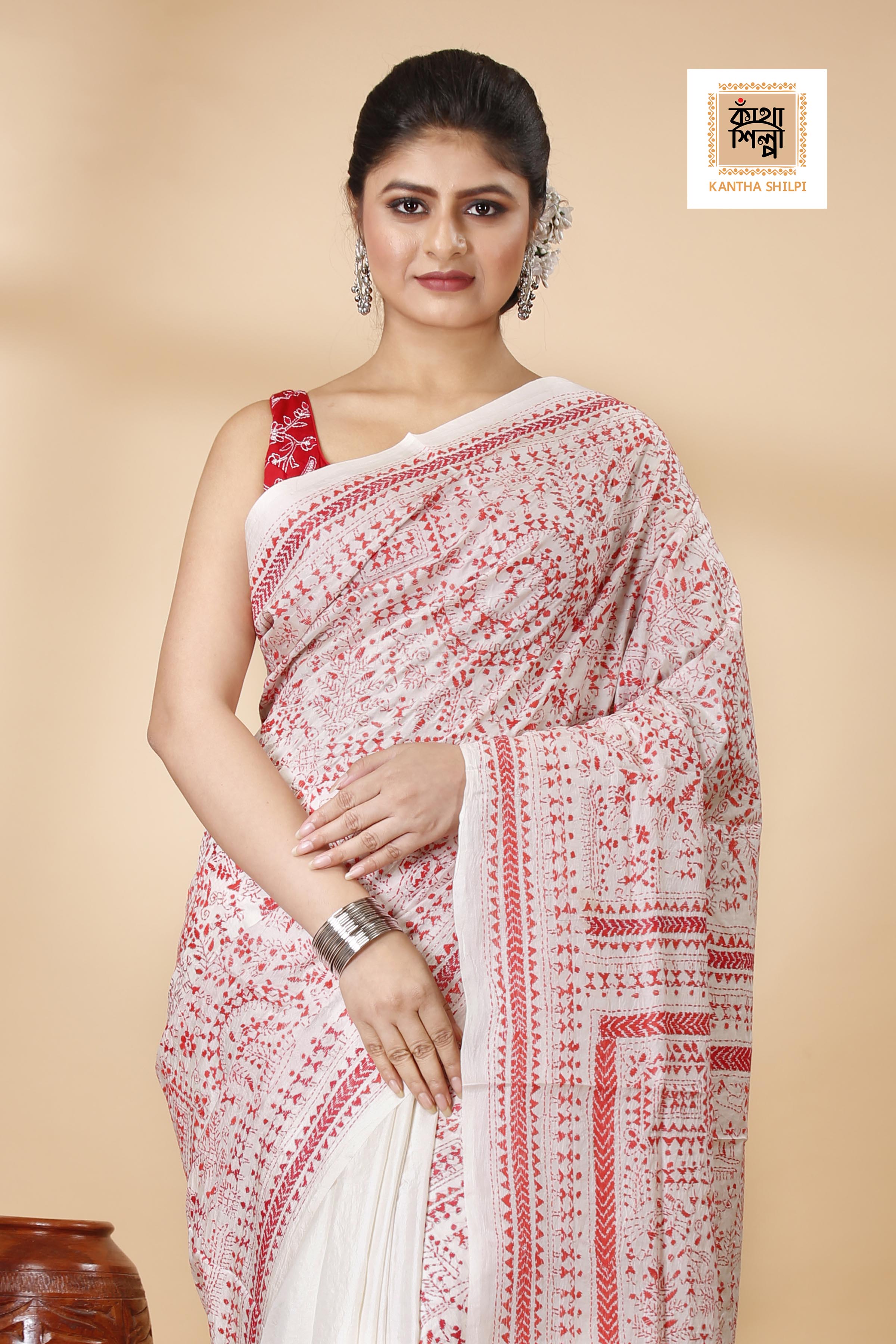 Pure Bangalore Silk Kantha Stitch Saree SN202522155