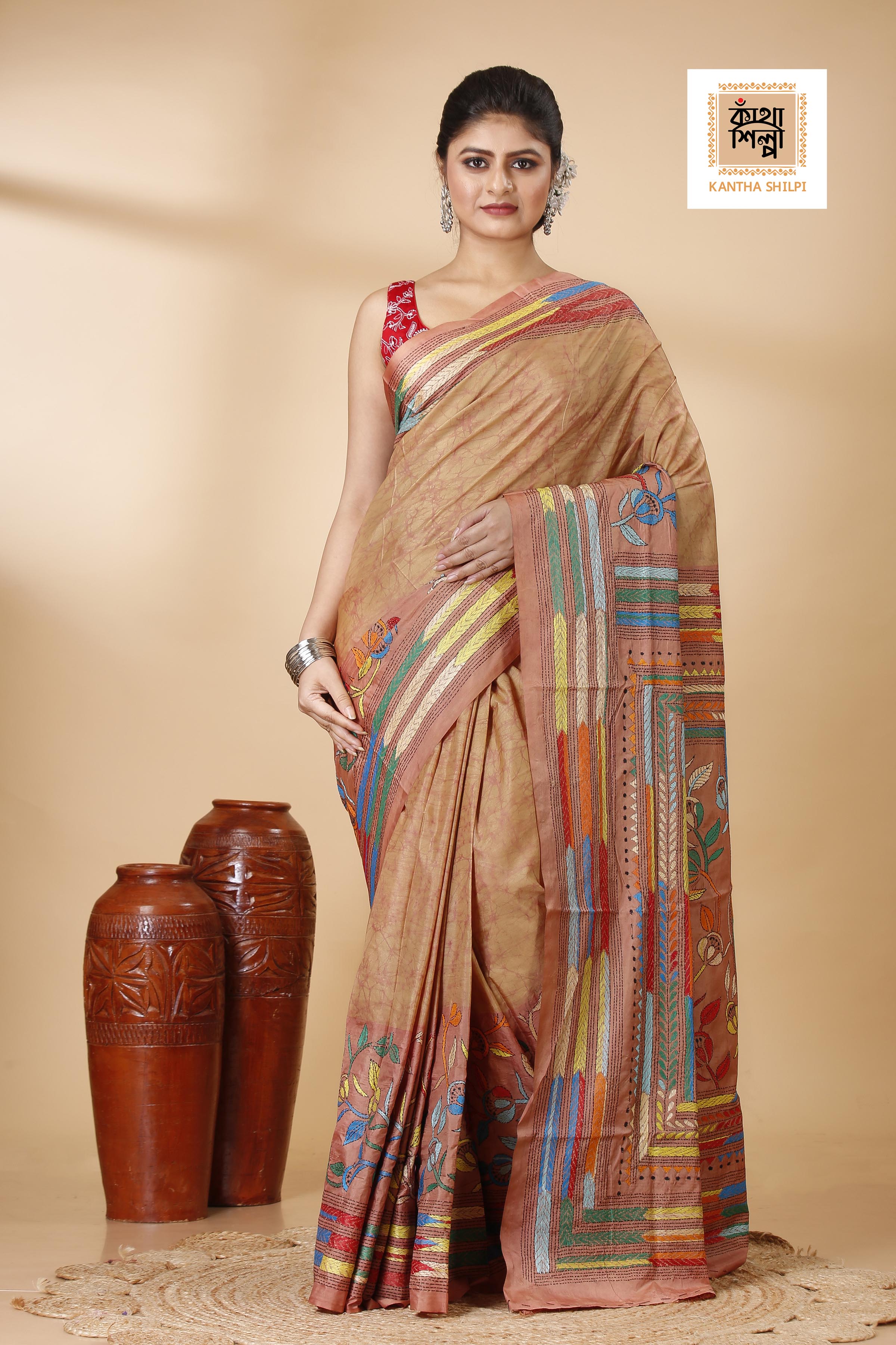 Bangalore Silk Hand Batik and Kantha Stitch Saree SN202522161
