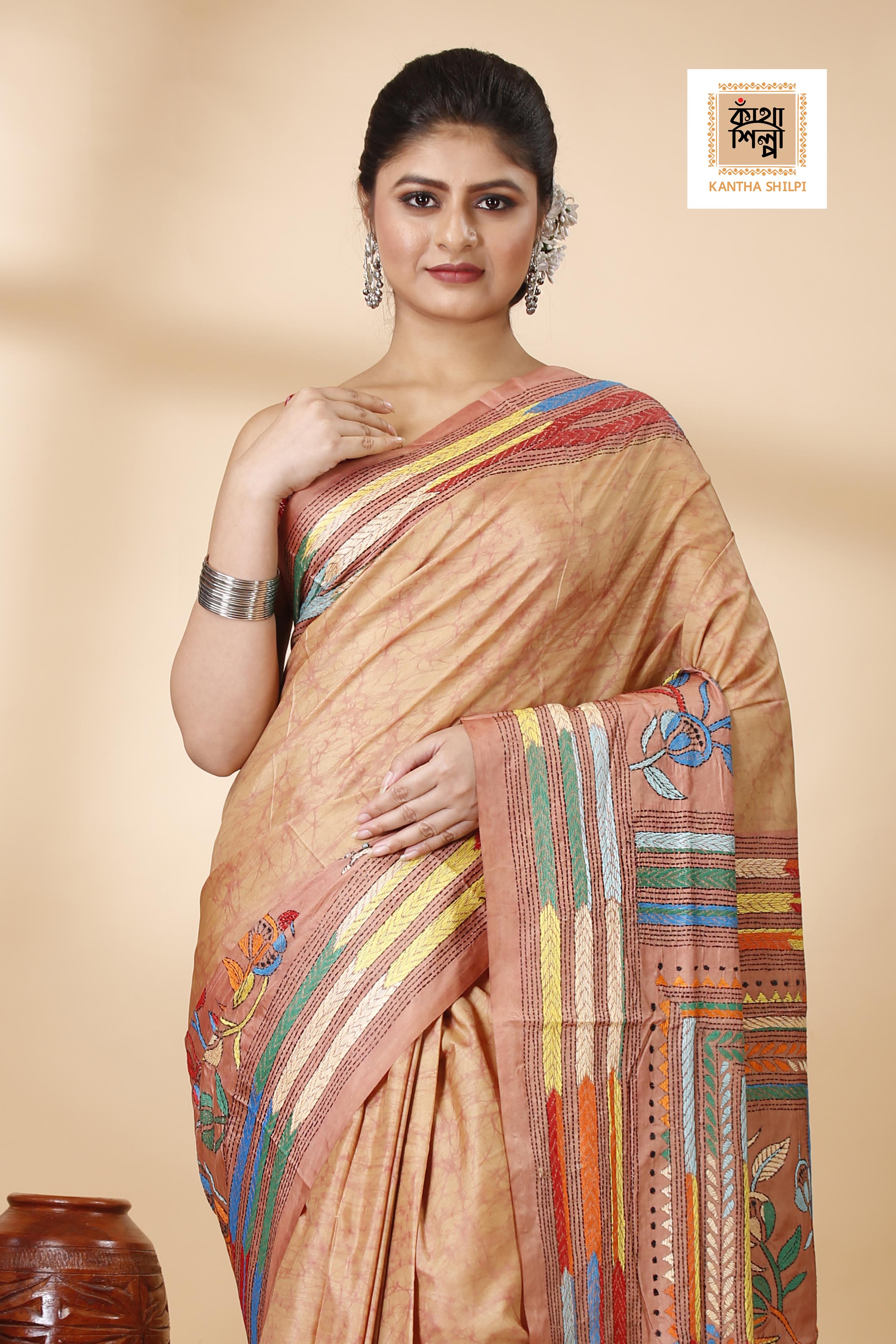 Bangalore Silk Hand Batik and Kantha Stitch Saree SN202522161