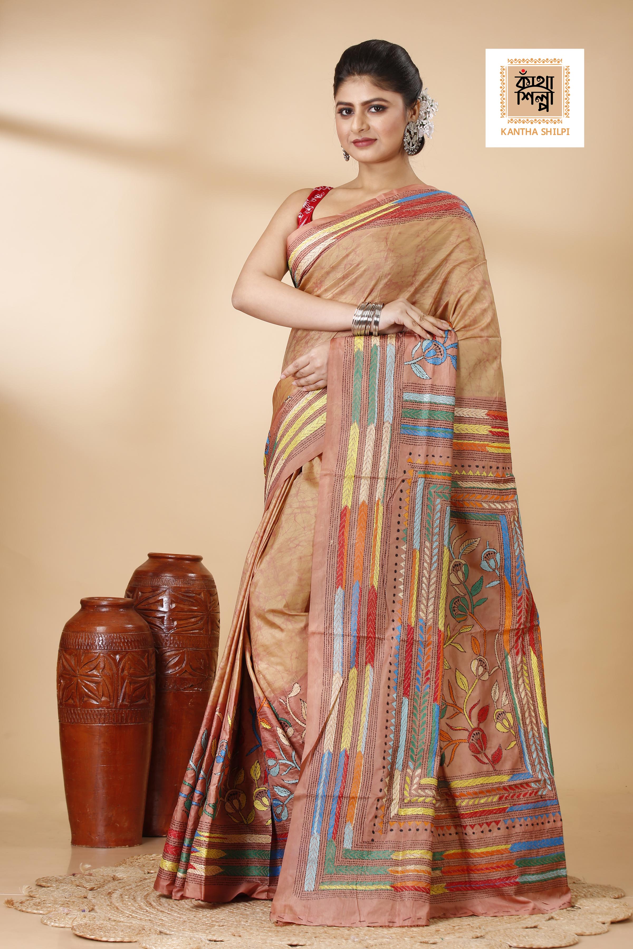 Bangalore Silk Hand Batik and Kantha Stitch Saree SN202522161
