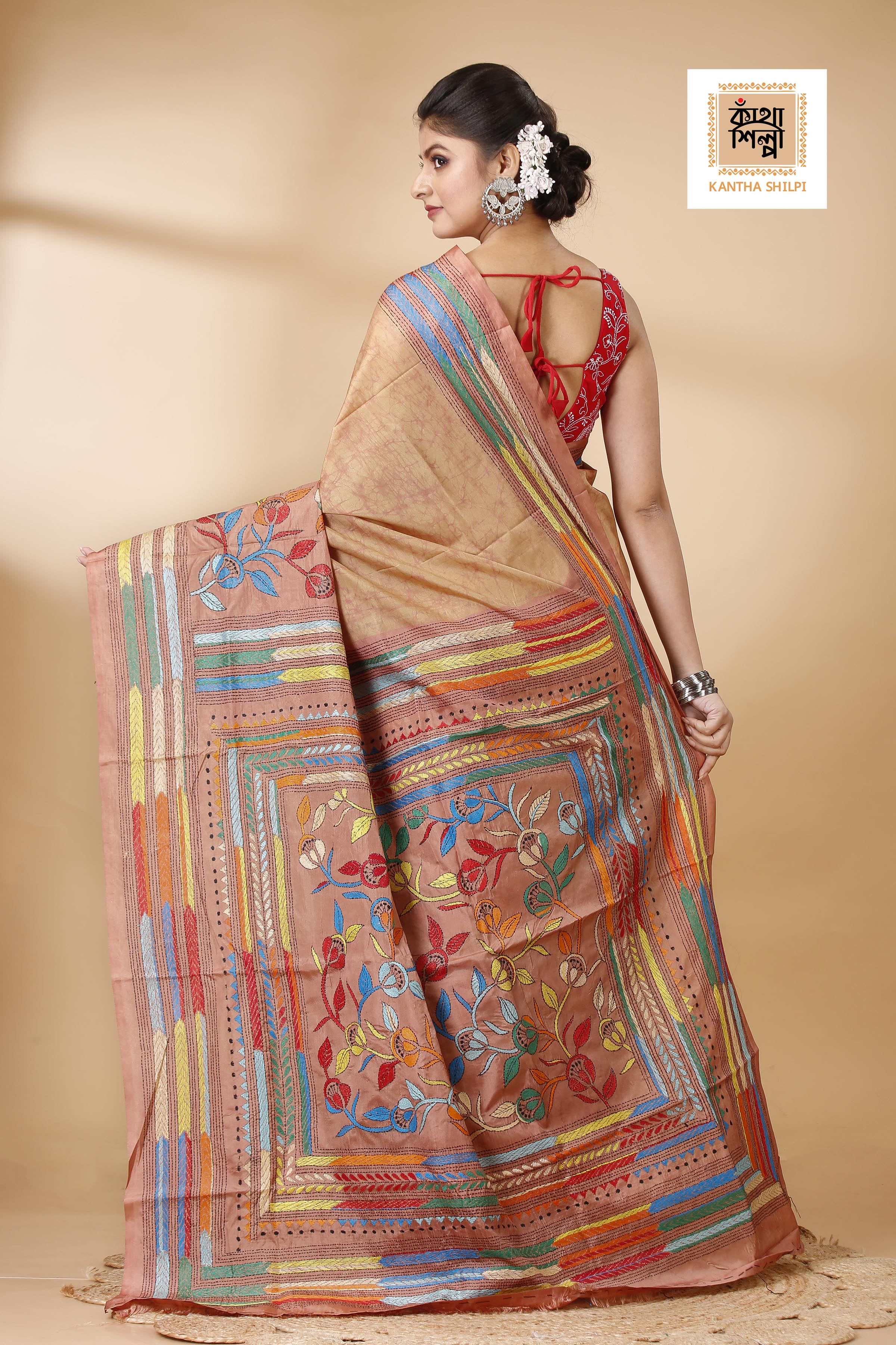 Bangalore Silk Hand Batik and Kantha Stitch Saree SN202522161