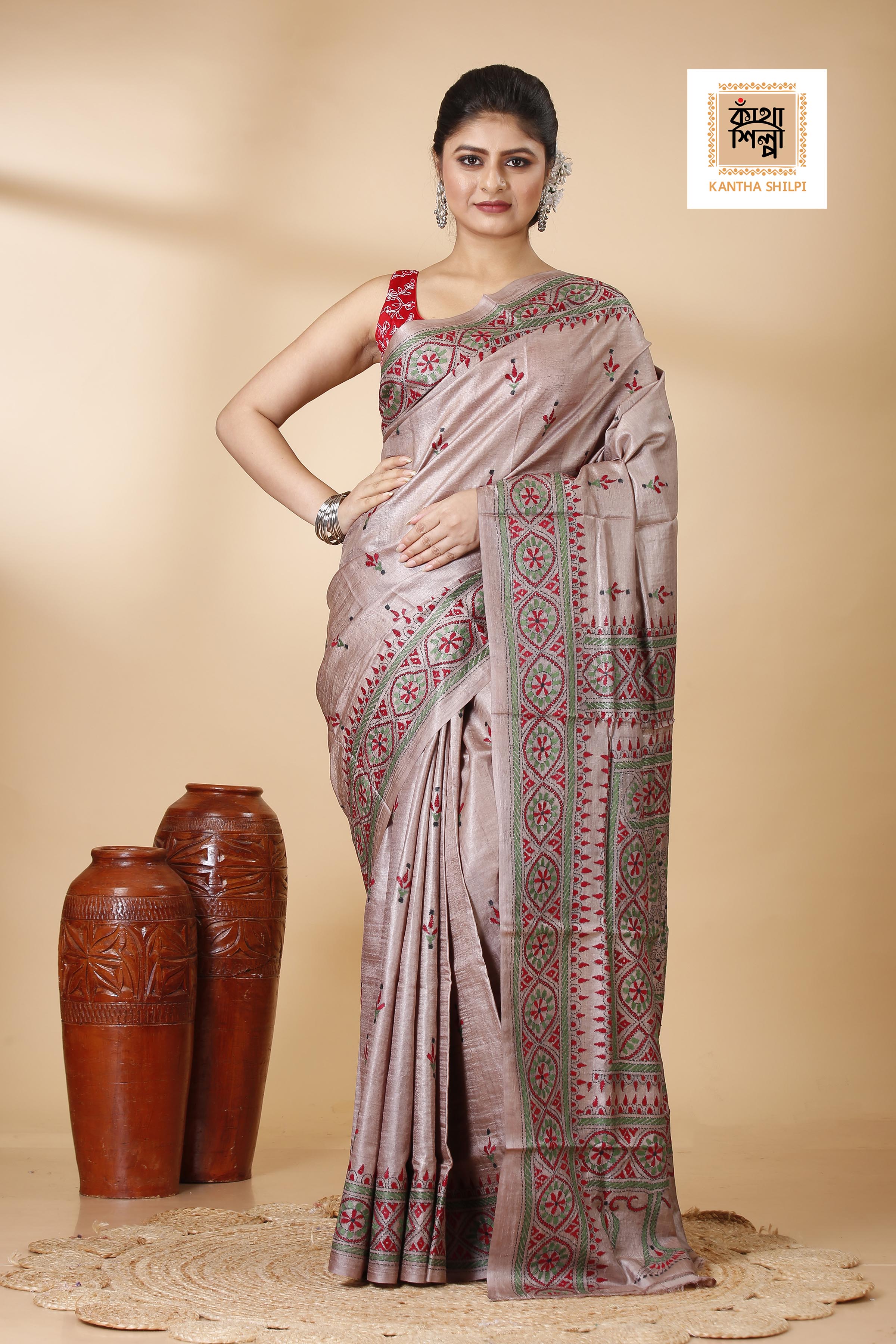 Dust Strom Color Dye Tussar Tricolor Thread Work Kantha Stitch Saree