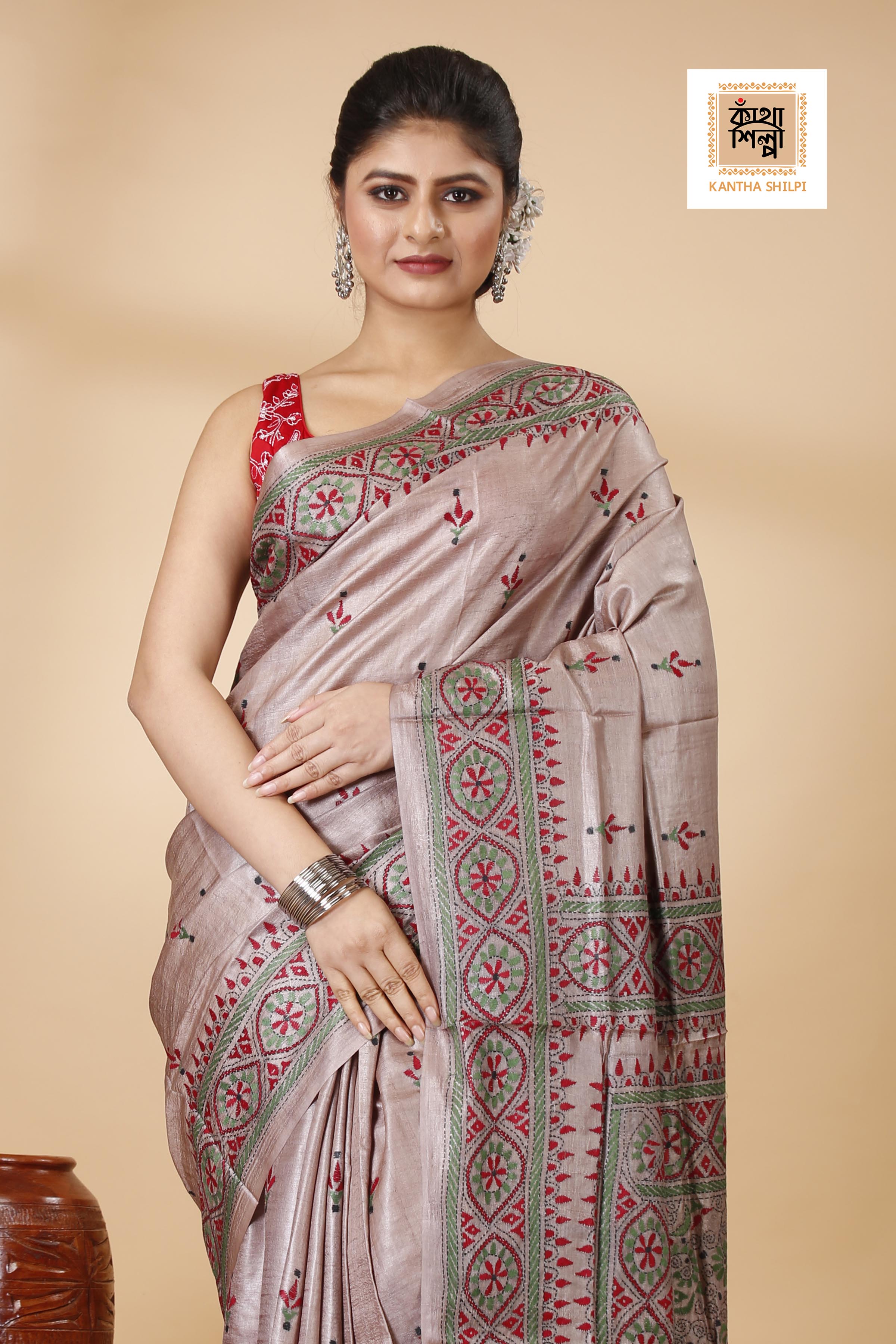 Dust Strom Color Dye Tussar Tricolor Thread Work Kantha Stitch Saree