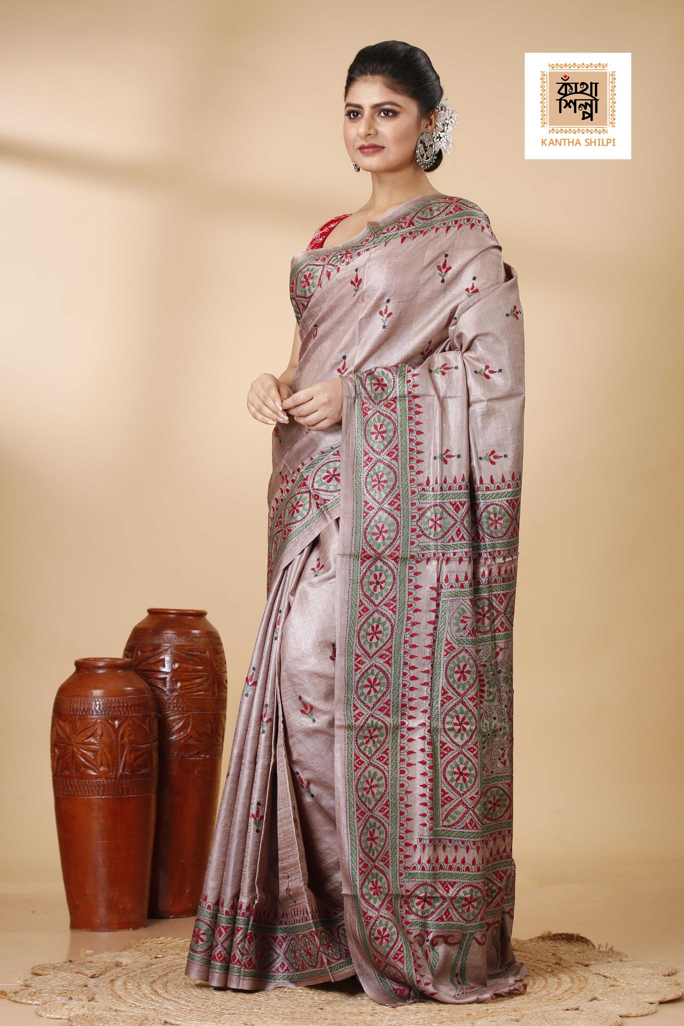 Dust Strom Color Dye Tussar Tricolor Thread Work Kantha Stitch Saree