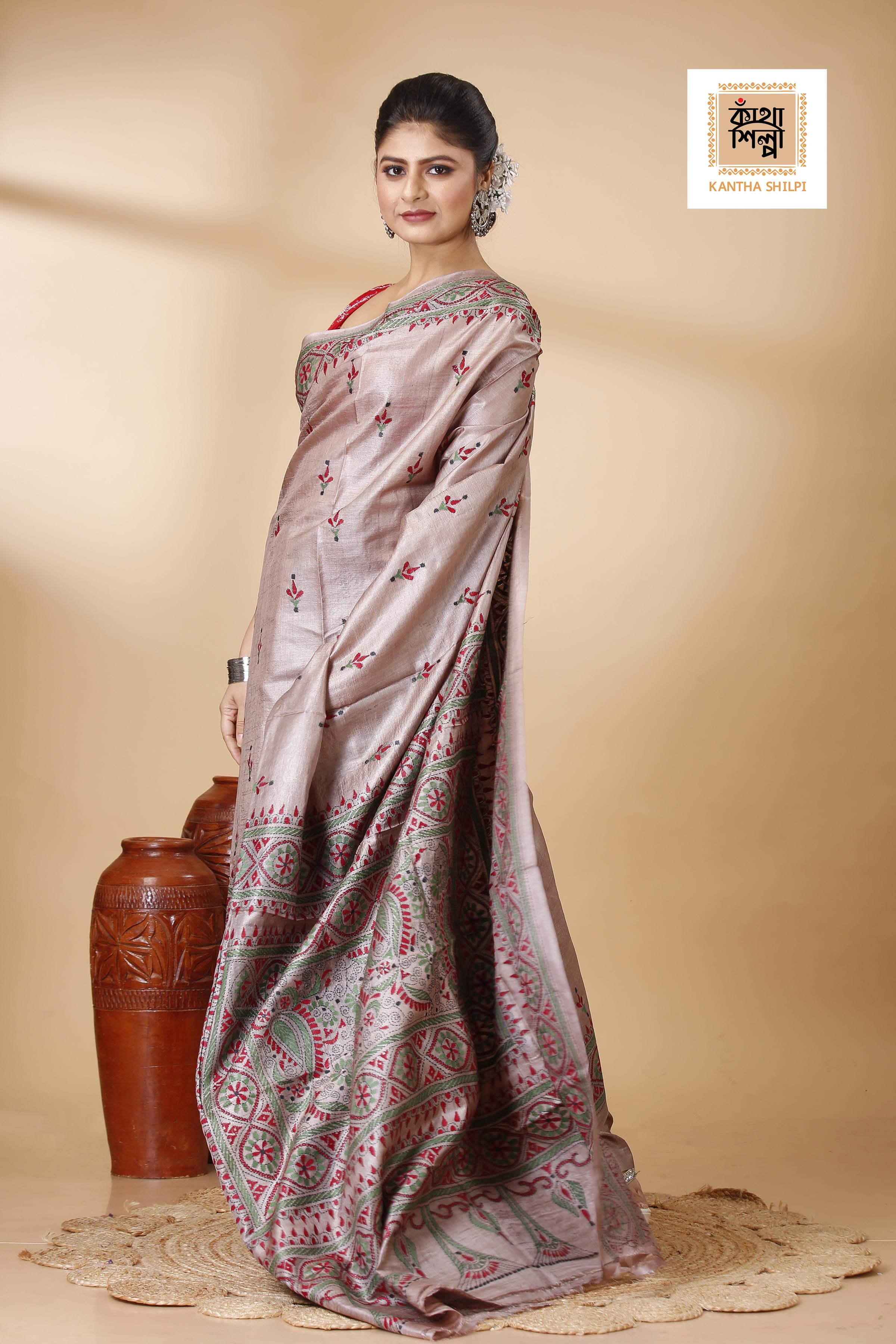 Dust Strom Color Dye Tussar Tricolor Thread Work Kantha Stitch Saree