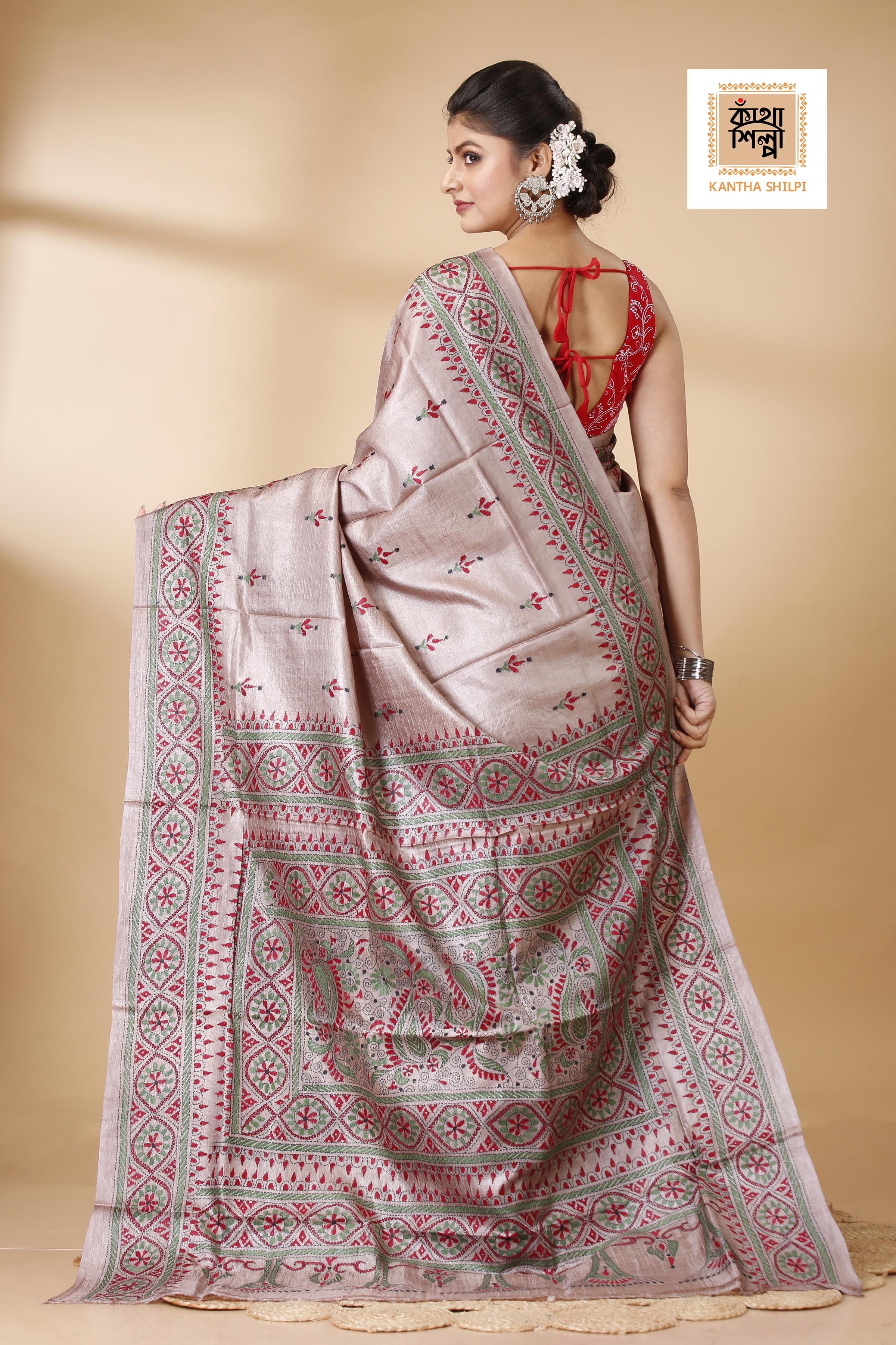 Dust Strom Color Dye Tussar Tricolor Thread Work Kantha Stitch Saree