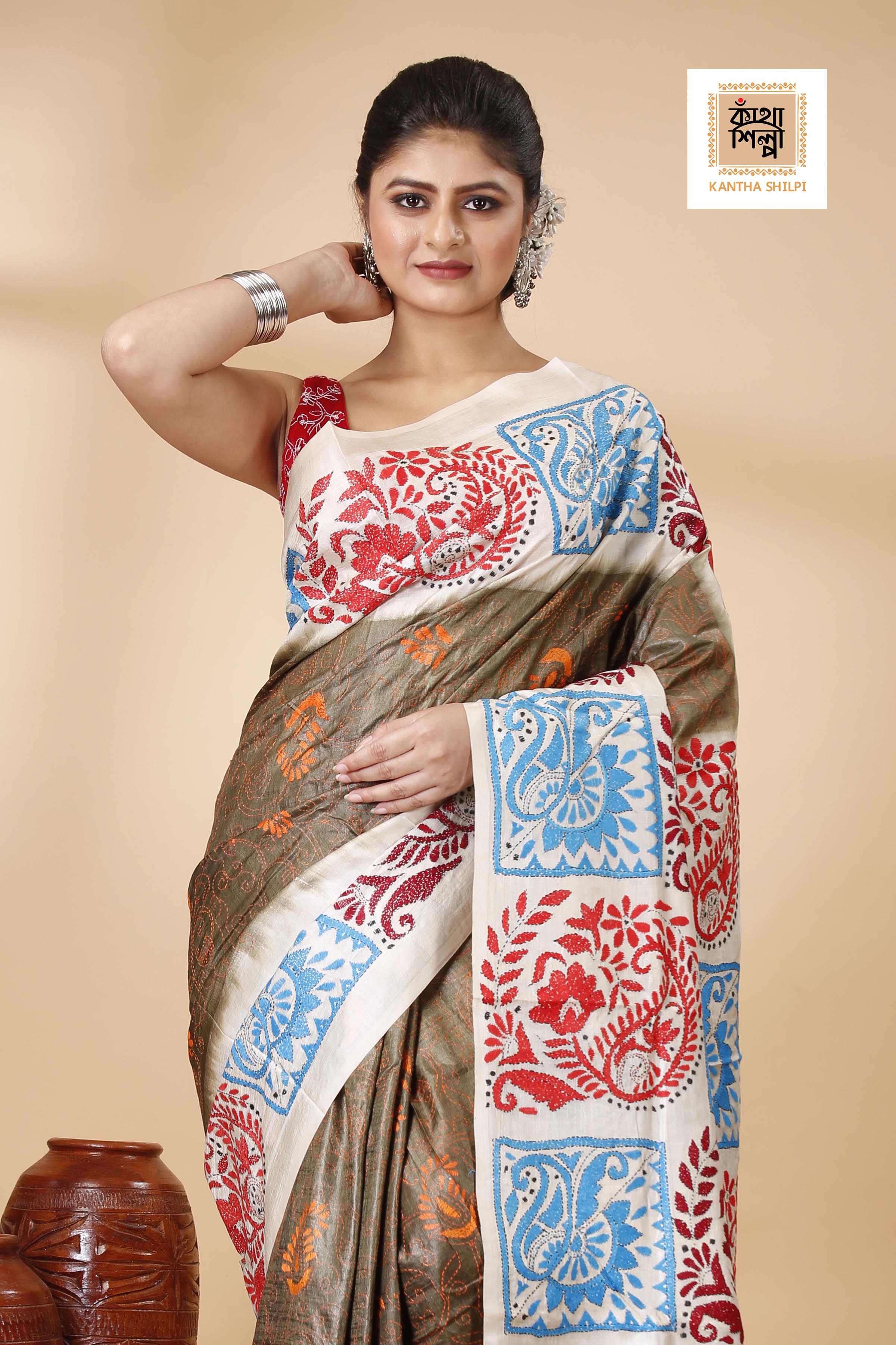 Brown Color Dye Tussar Tricolor Thread Work Kantha Stitch Saree