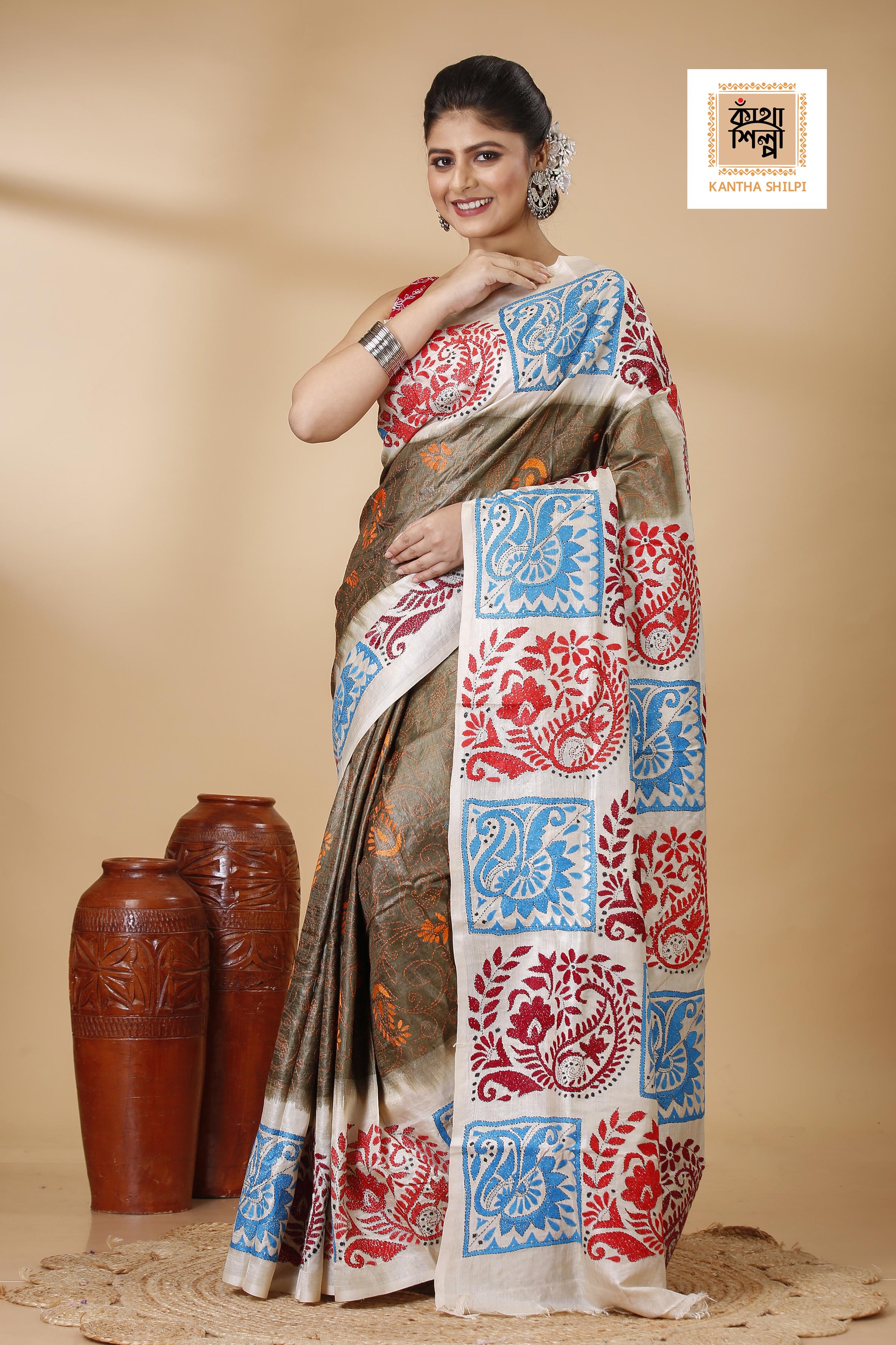 Brown Color Dye Tussar Tricolor Thread Work Kantha Stitch Saree