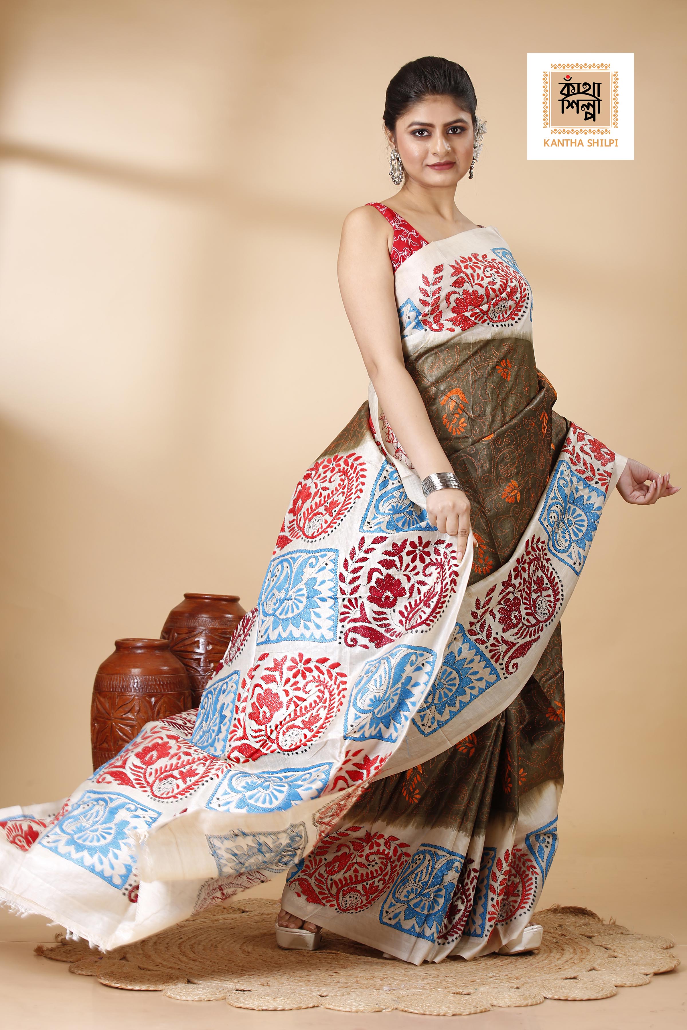 Brown Color Dye Tussar Tricolor Thread Work Kantha Stitch Saree