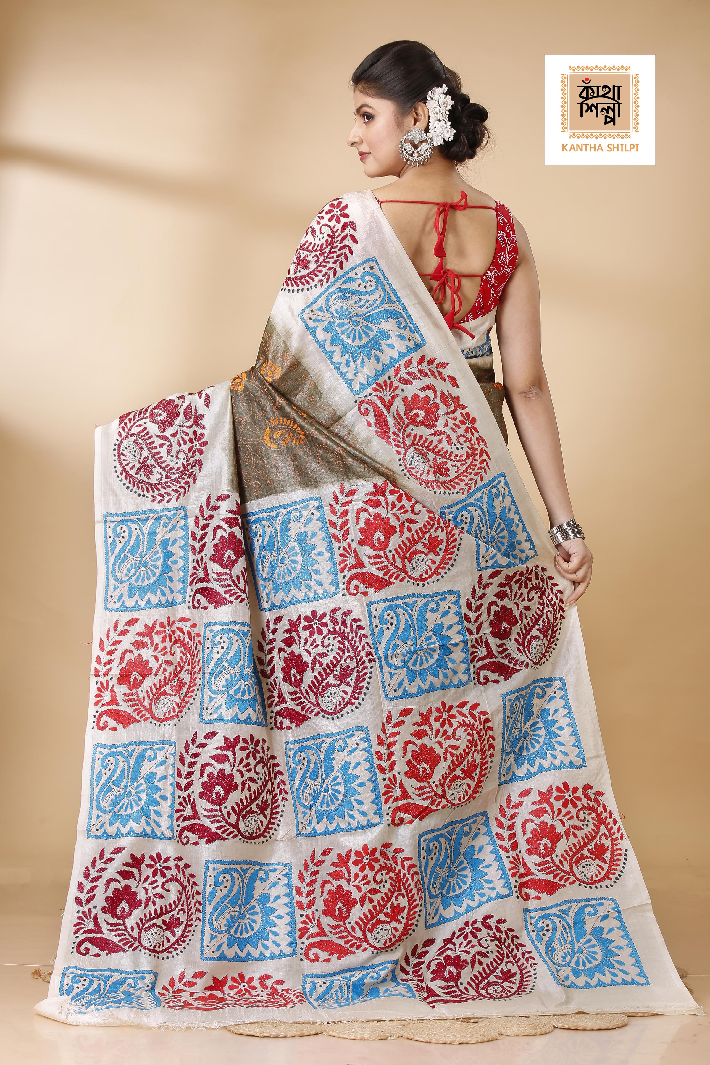 Brown Color Dye Tussar Tricolor Thread Work Kantha Stitch Saree