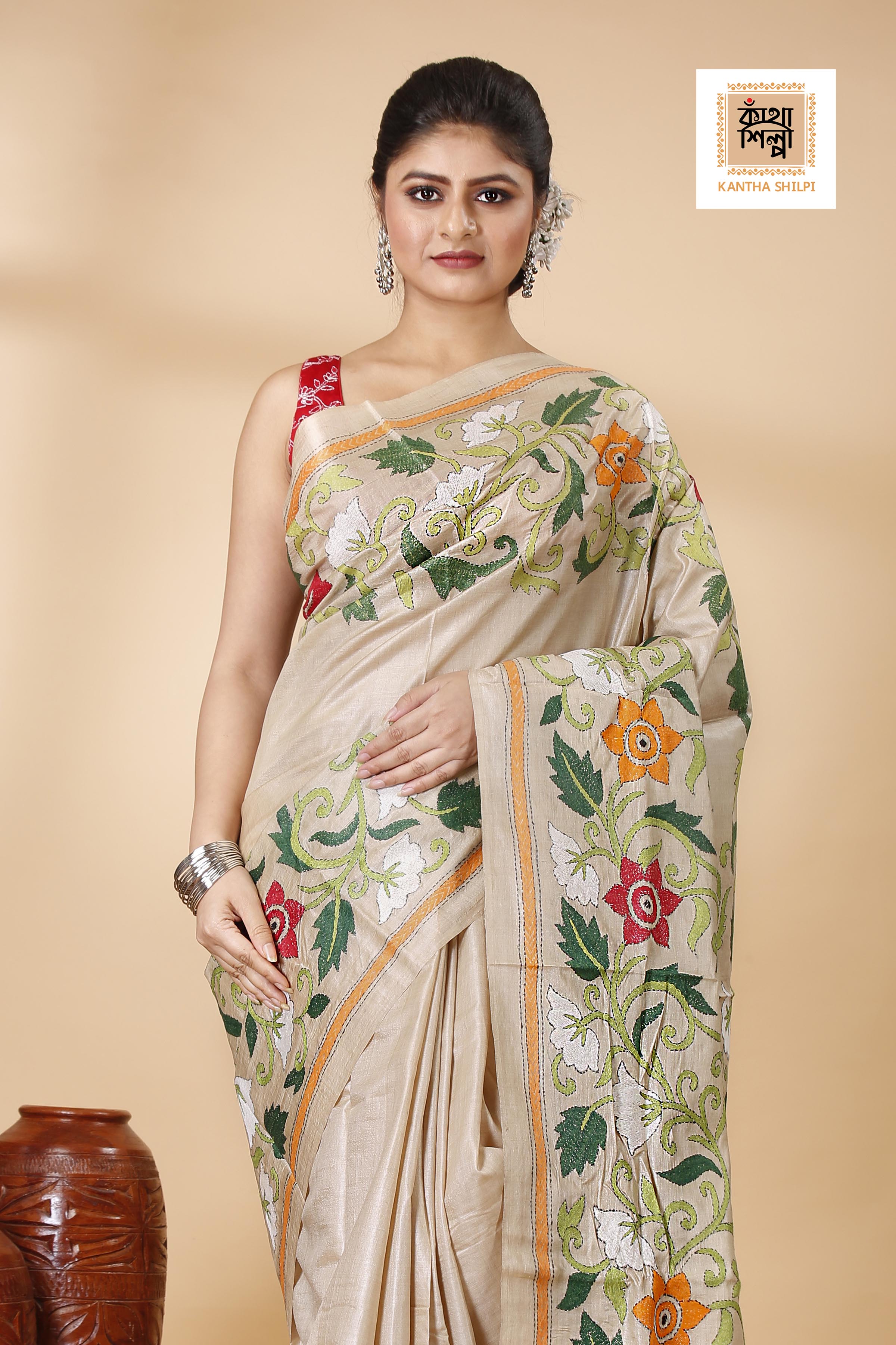 Gachi Tussar Multicolor Thread Work Peacock and Floral Motif Kantha Stitch Saree
