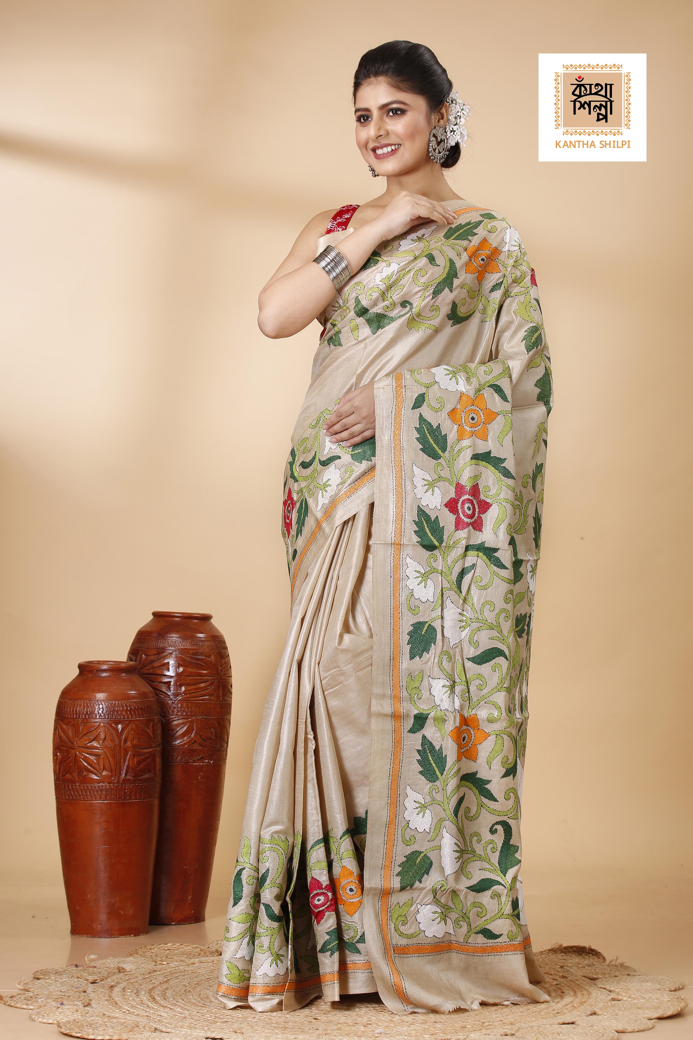 Gachi Tussar Multicolor Thread Work Peacock and Floral Motif Kantha Stitch Saree