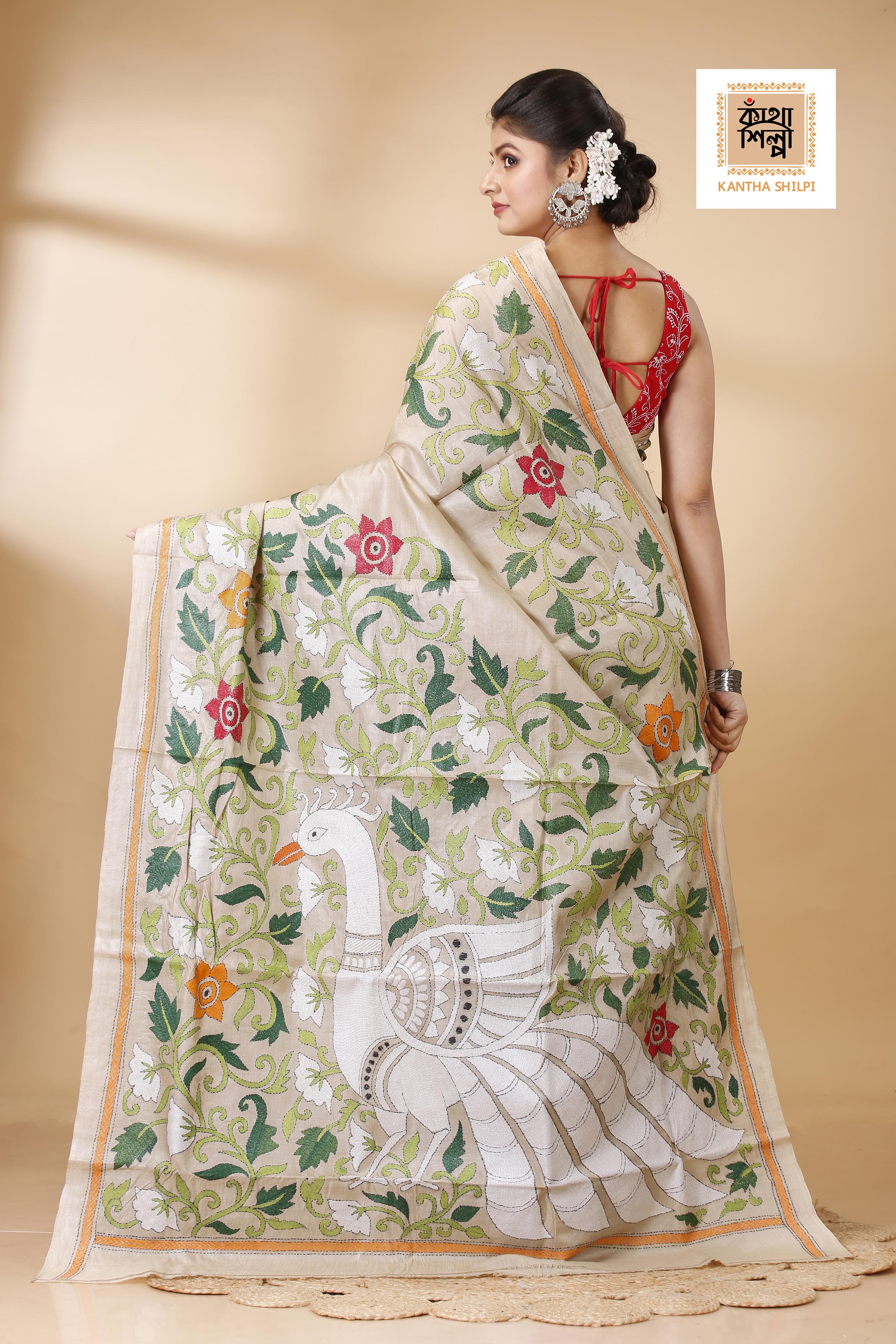 Gachi Tussar Multicolor Thread Work Peacock and Floral Motif Kantha Stitch Saree