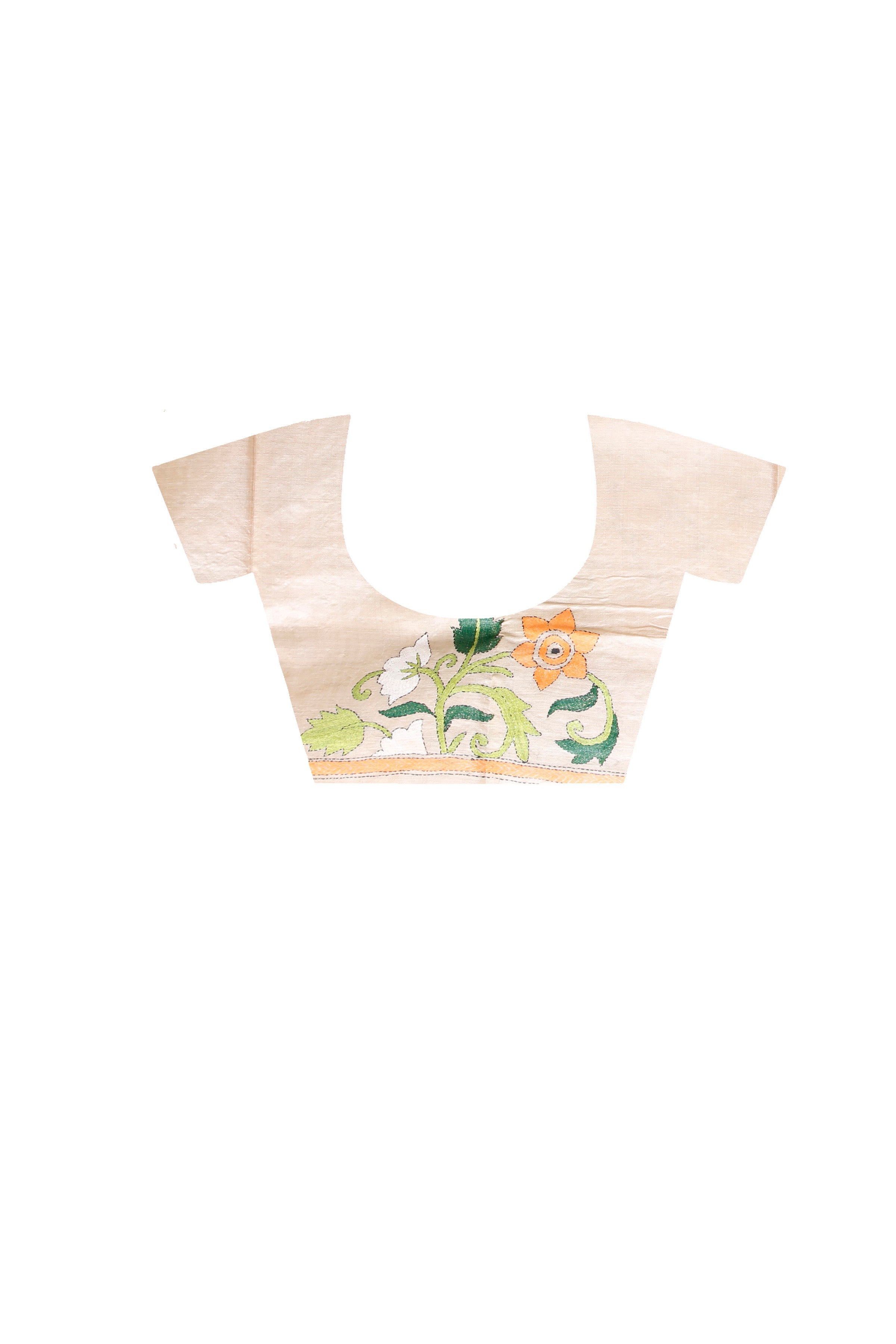 Gachi Tussar Multicolor Thread Work Peacock and Floral Motif Kantha Stitch Saree