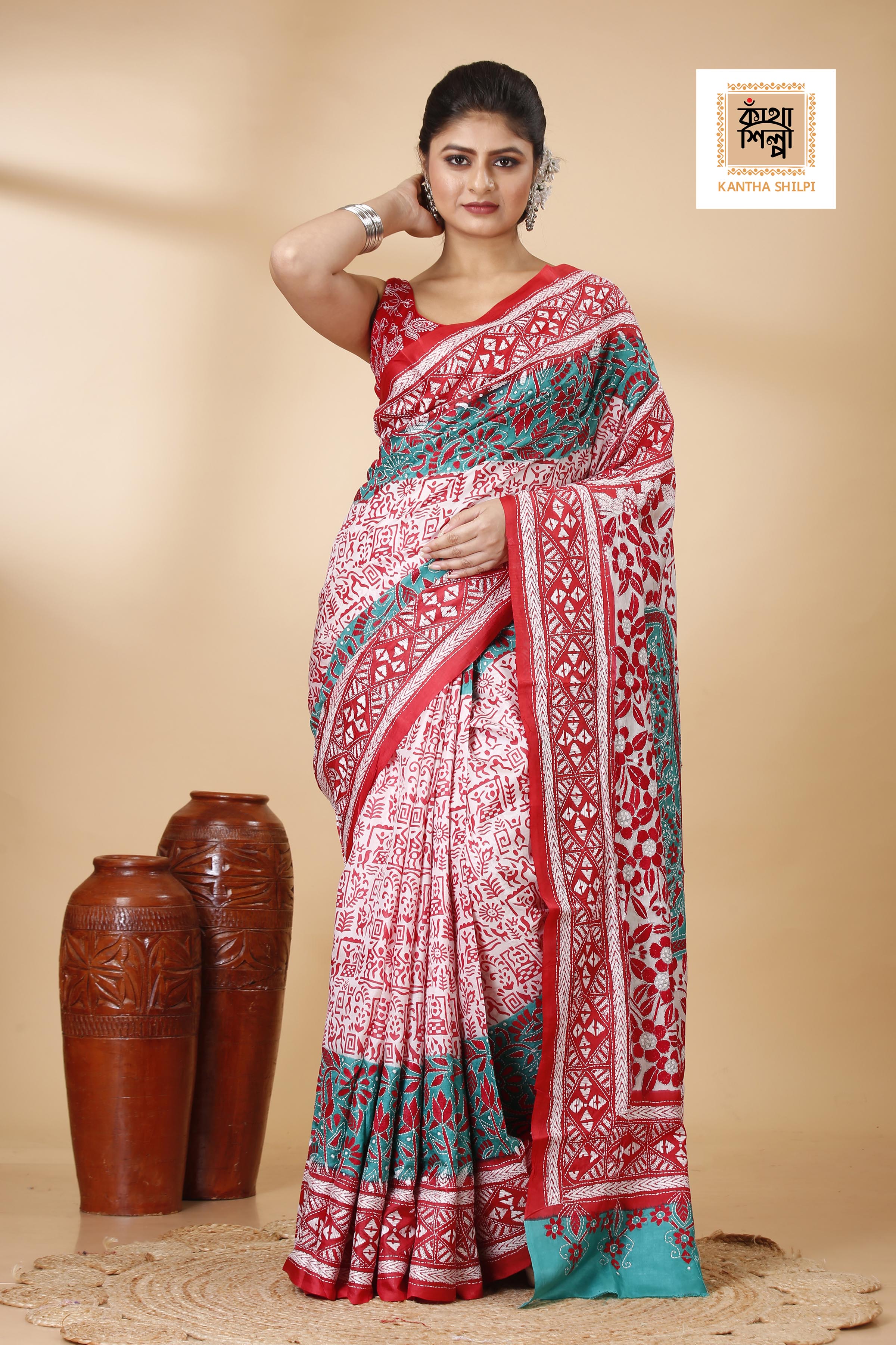 Pure Bangalore Silk Kantha Stitch Saree SN202522196