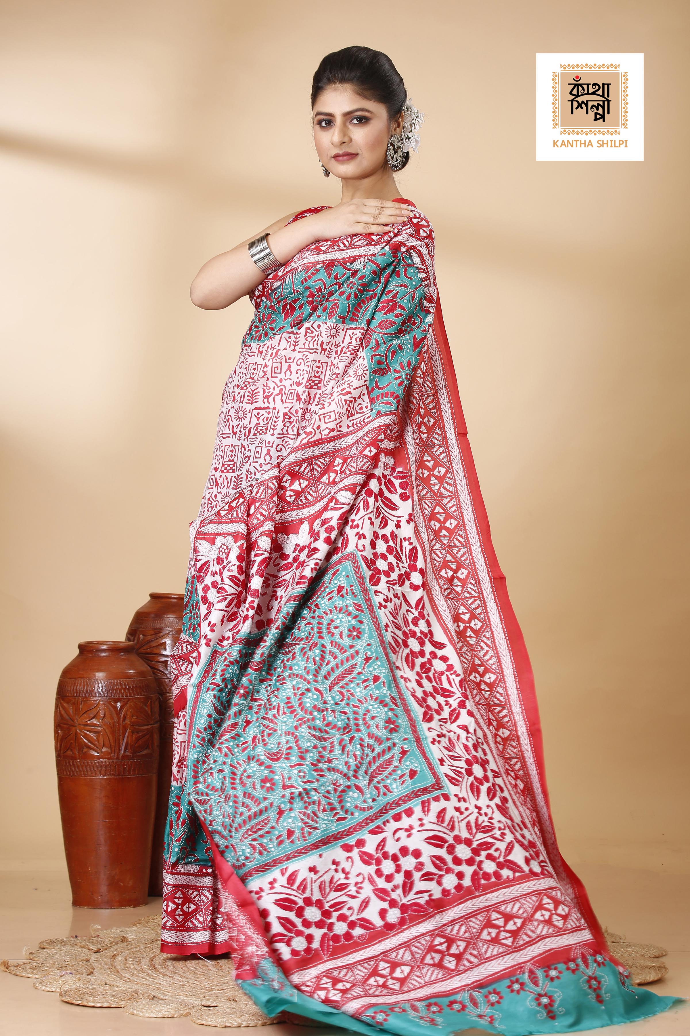 Pure Bangalore Silk Kantha Stitch Saree SN202522196