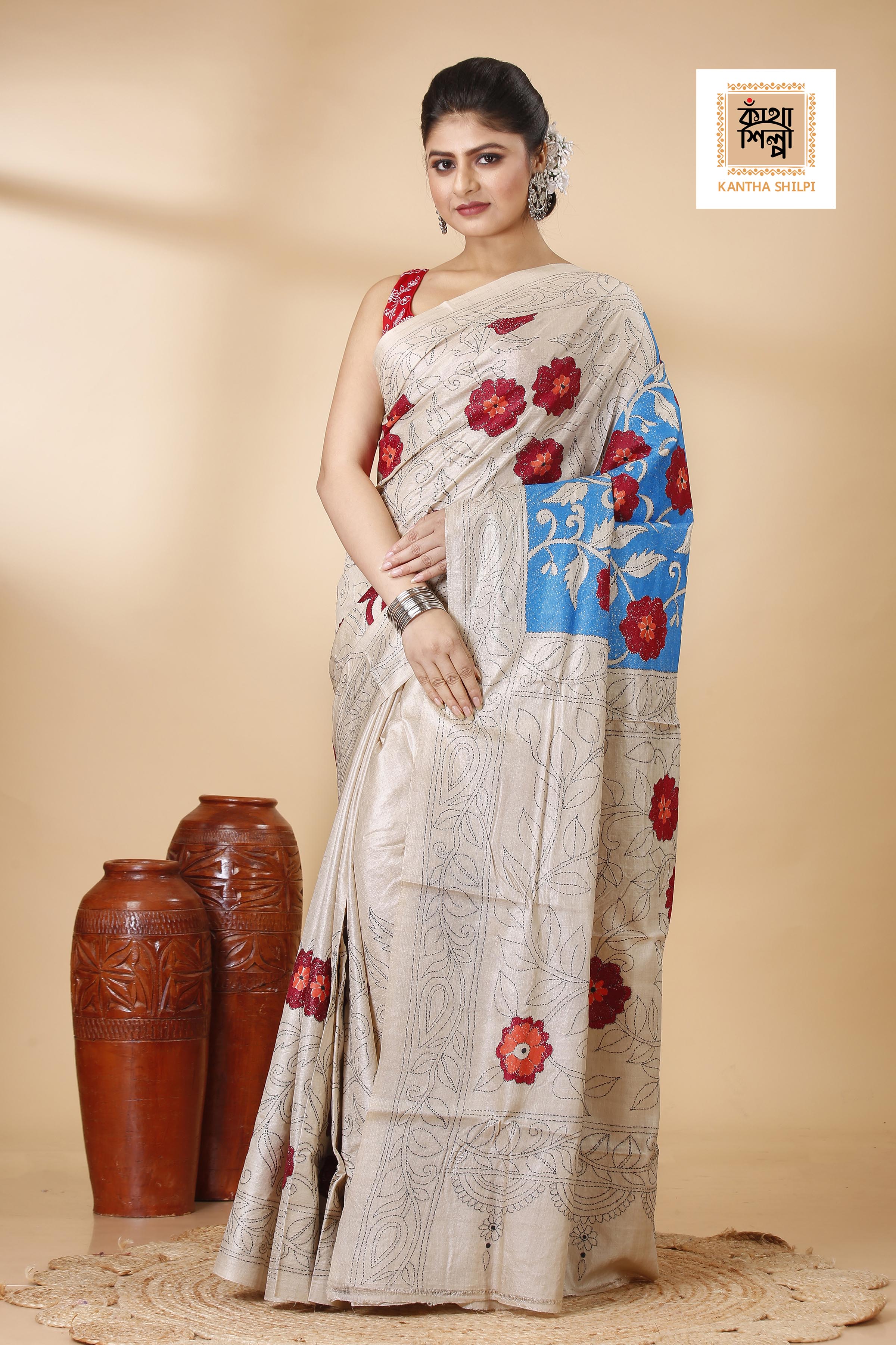Gachi Tussar Multicolor Thread Work Peacock and Floral Revers Design Kantha Stitch Saree