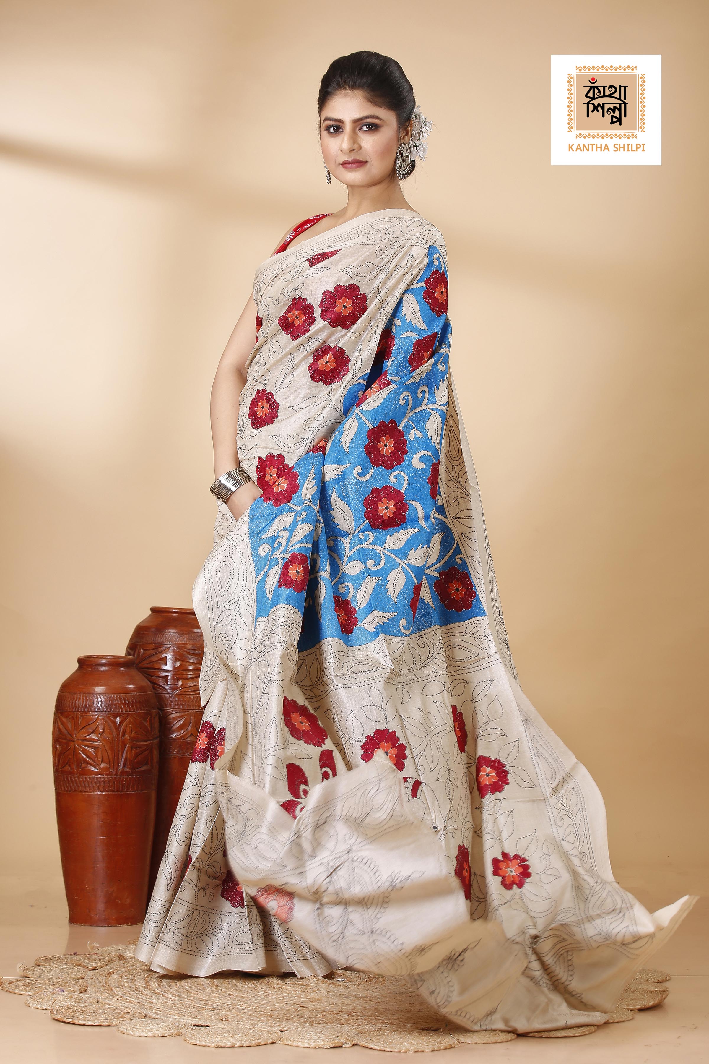 Gachi Tussar Multicolor Thread Work Peacock and Floral Revers Design Kantha Stitch Saree