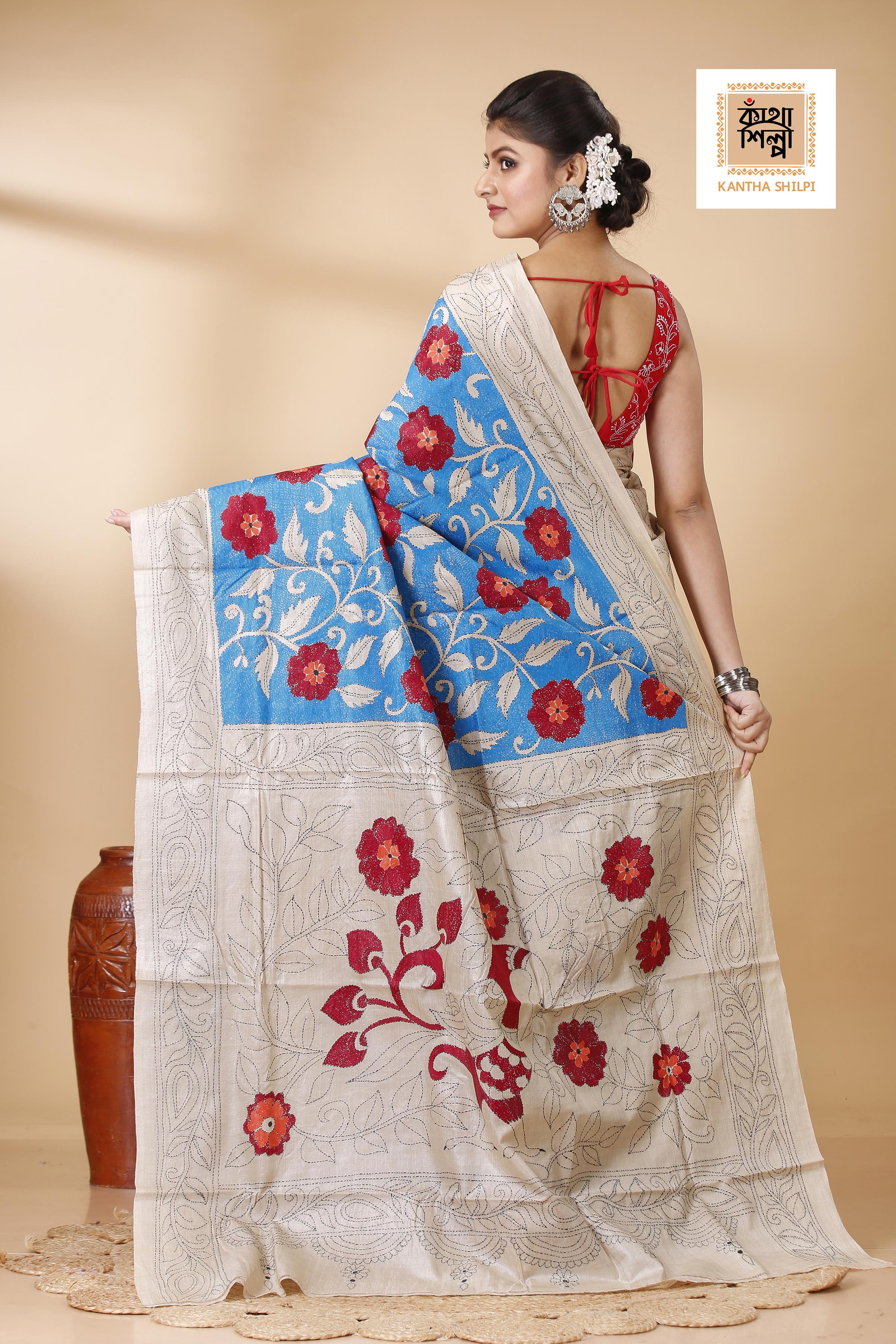Gachi Tussar Multicolor Thread Work Peacock and Floral Revers Design Kantha Stitch Saree