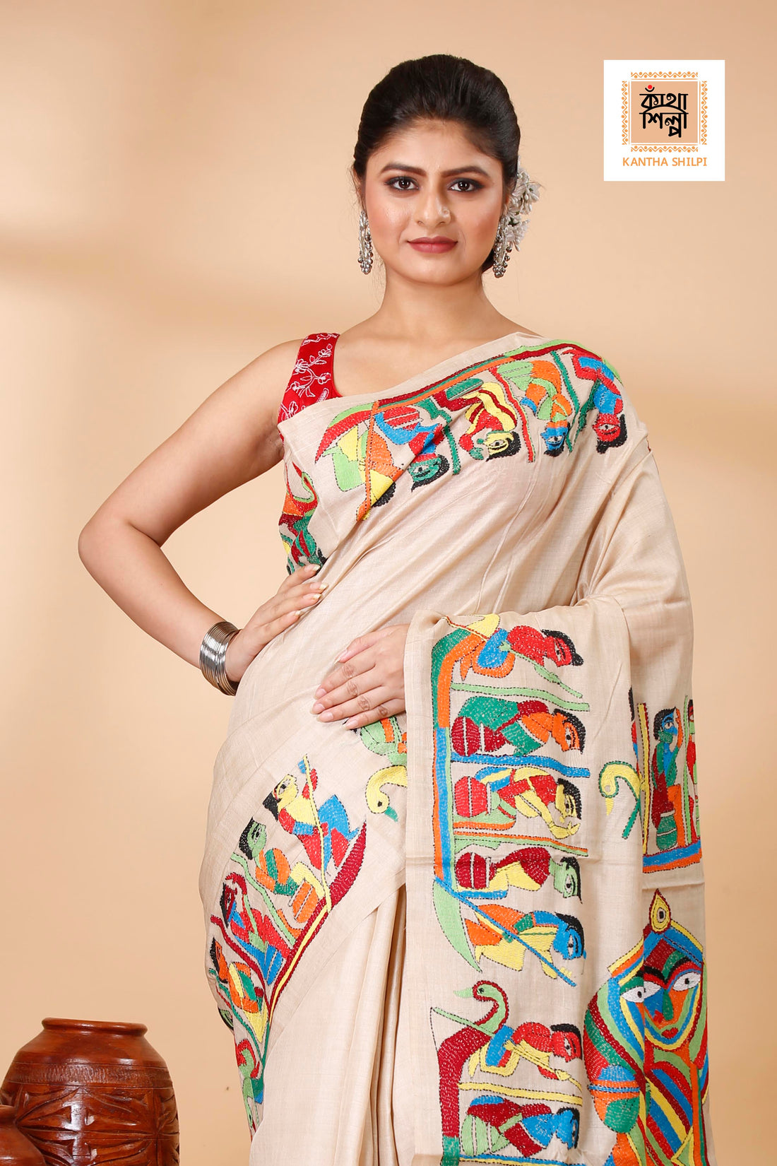 Gachi Tussar Multicolor Thread Work Maa Durga Theme Kantha Stitch Saree