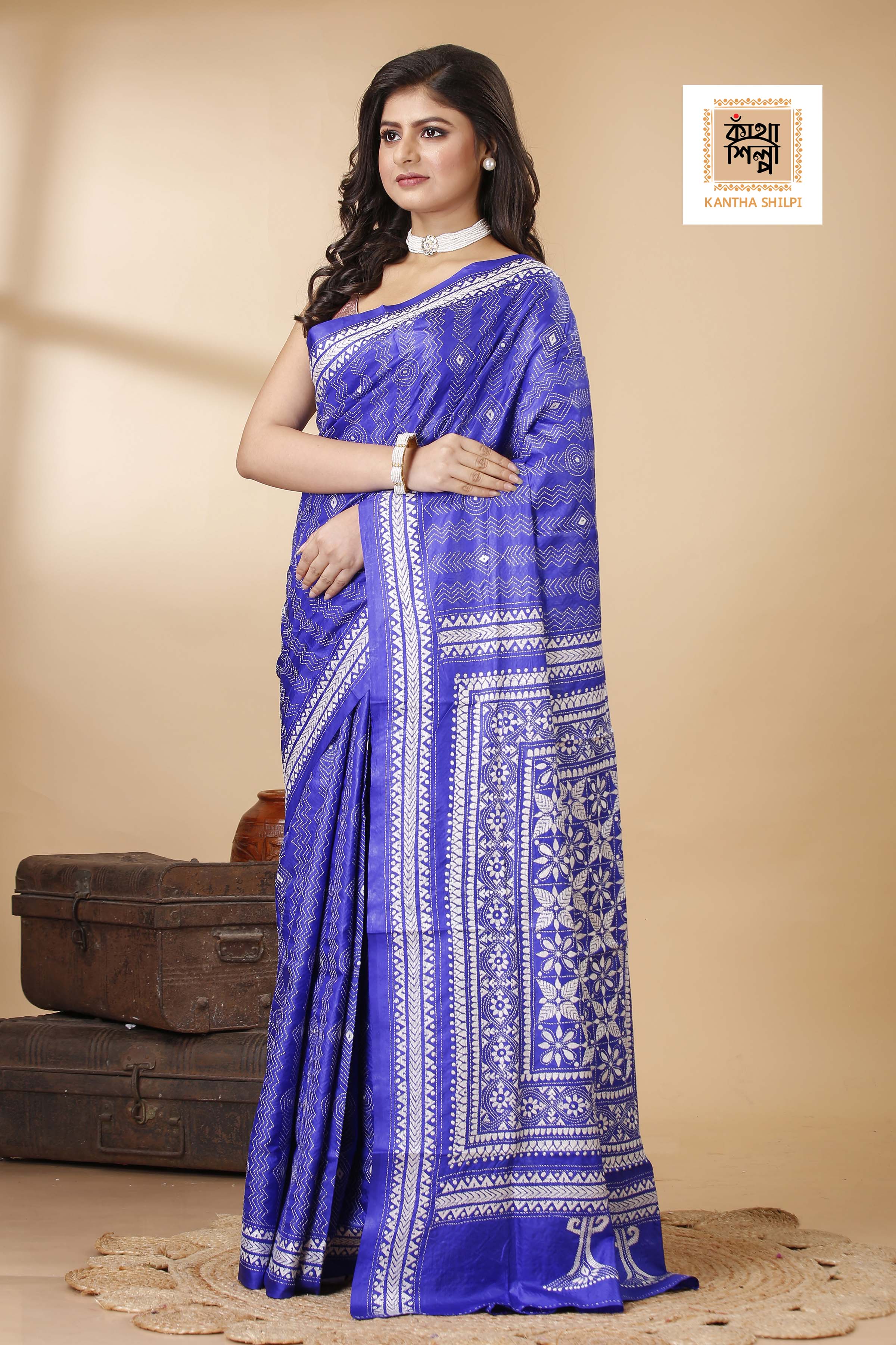 Pure Bangalore Silk Kantha Stitch Saree SN202522223
