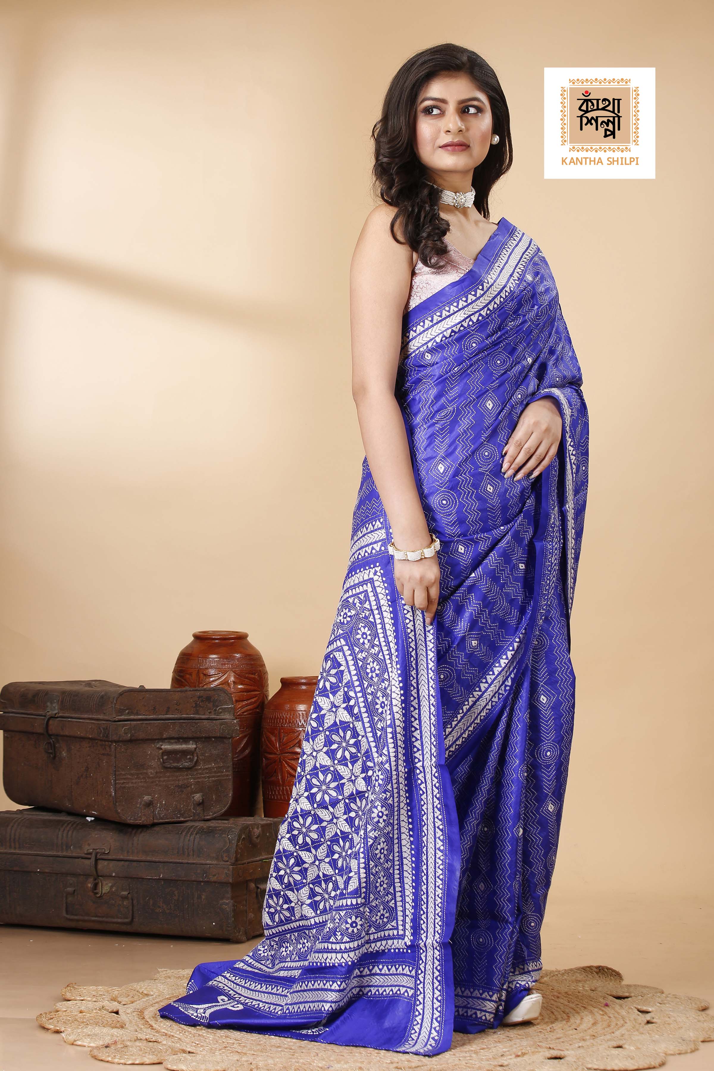 Pure Bangalore Silk Kantha Stitch Saree SN202522223