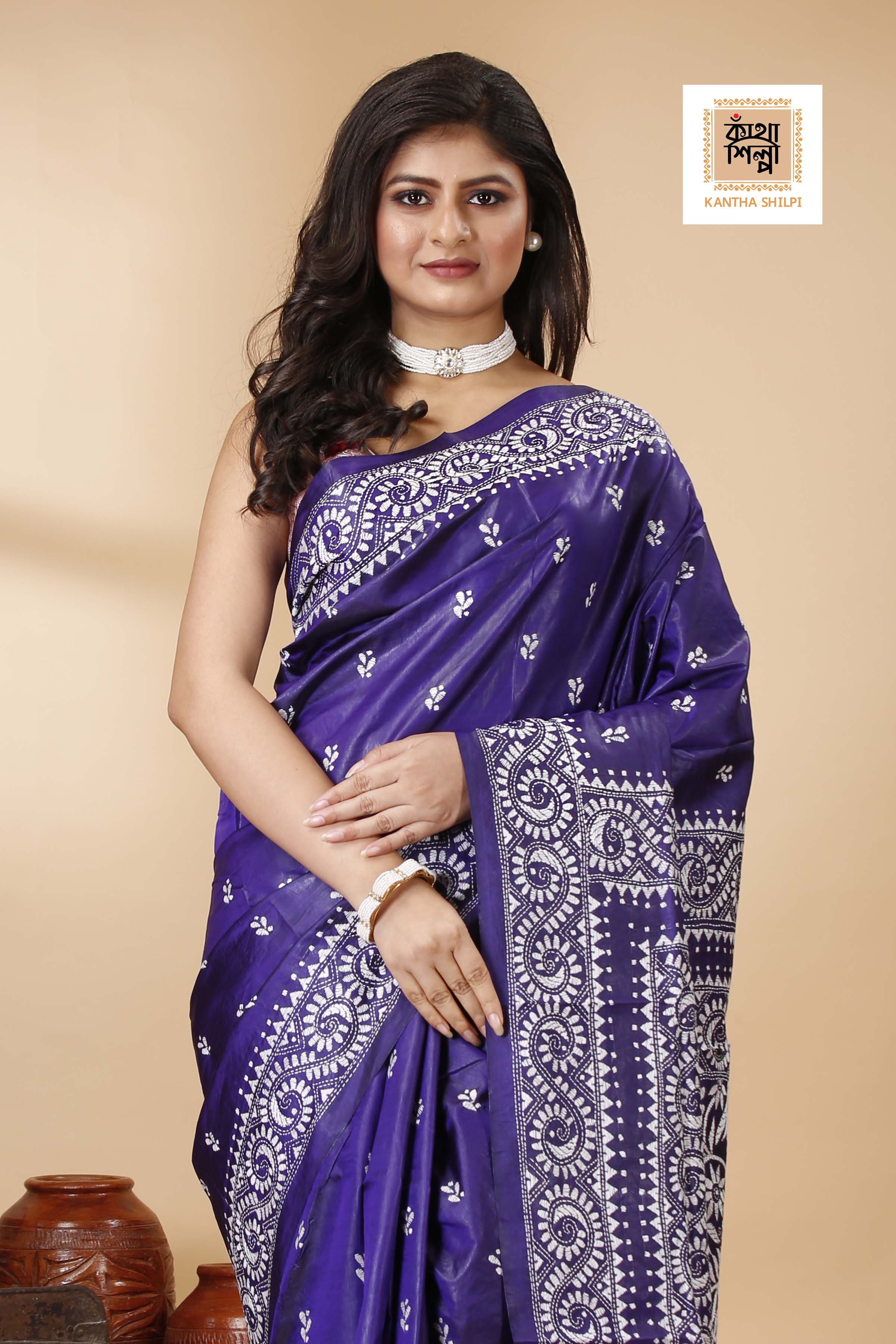 Pure Bangalore Silk Kantha Stitch Saree SN202522288