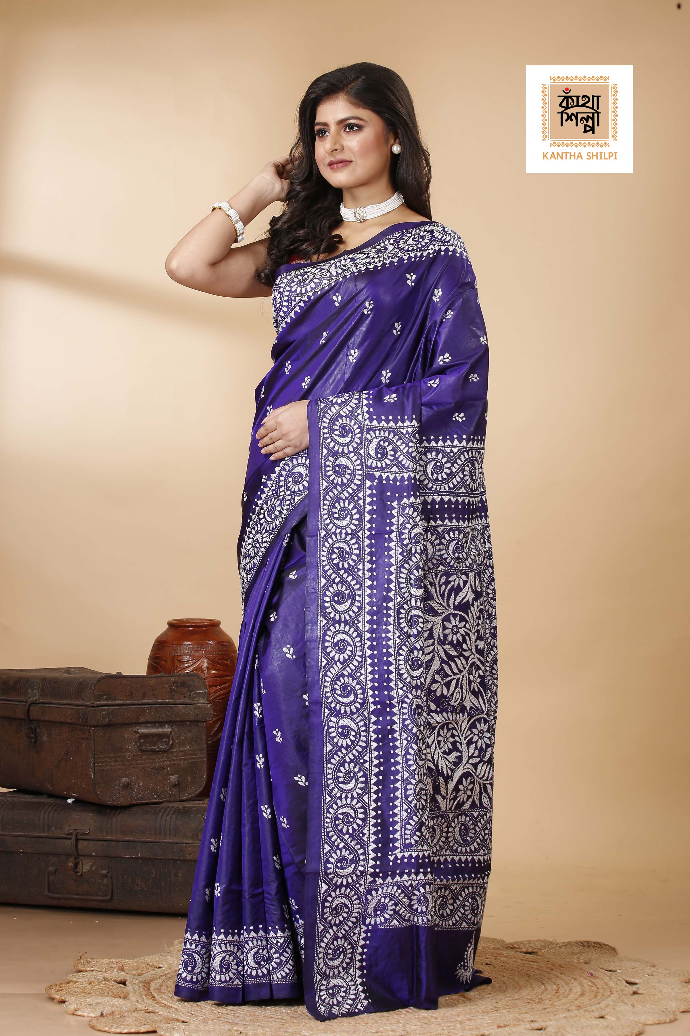 Pure Bangalore Silk Kantha Stitch Saree SN202522288