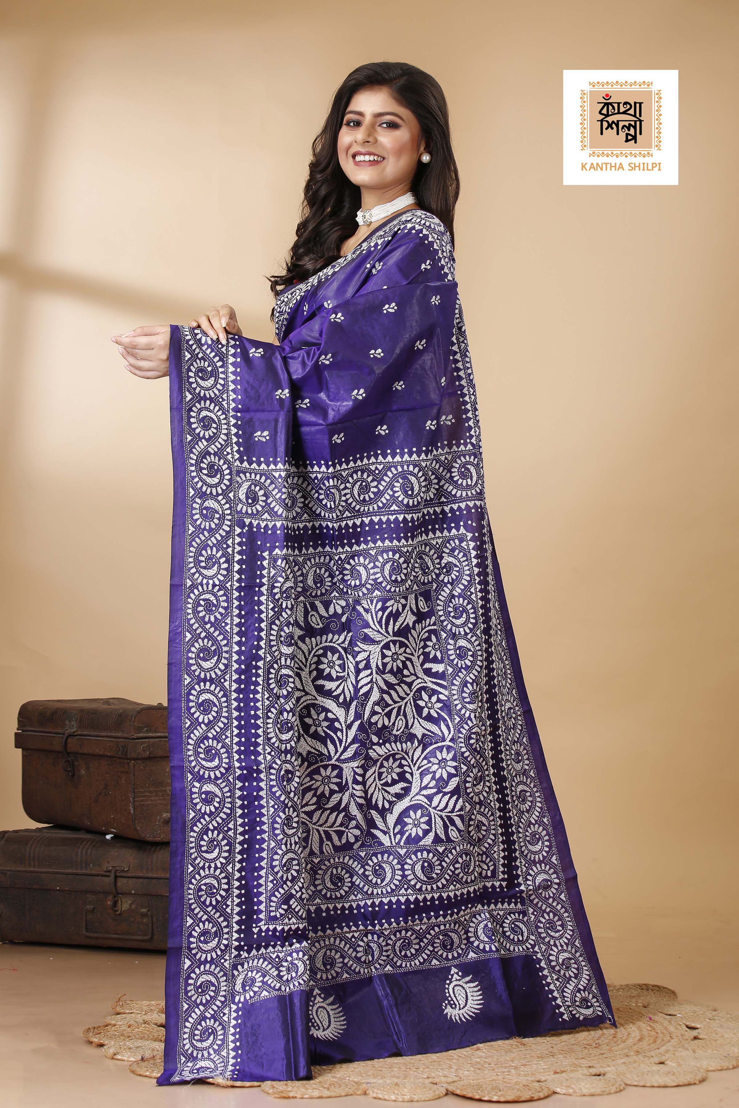 Pure Bangalore Silk Kantha Stitch Saree SN202522288