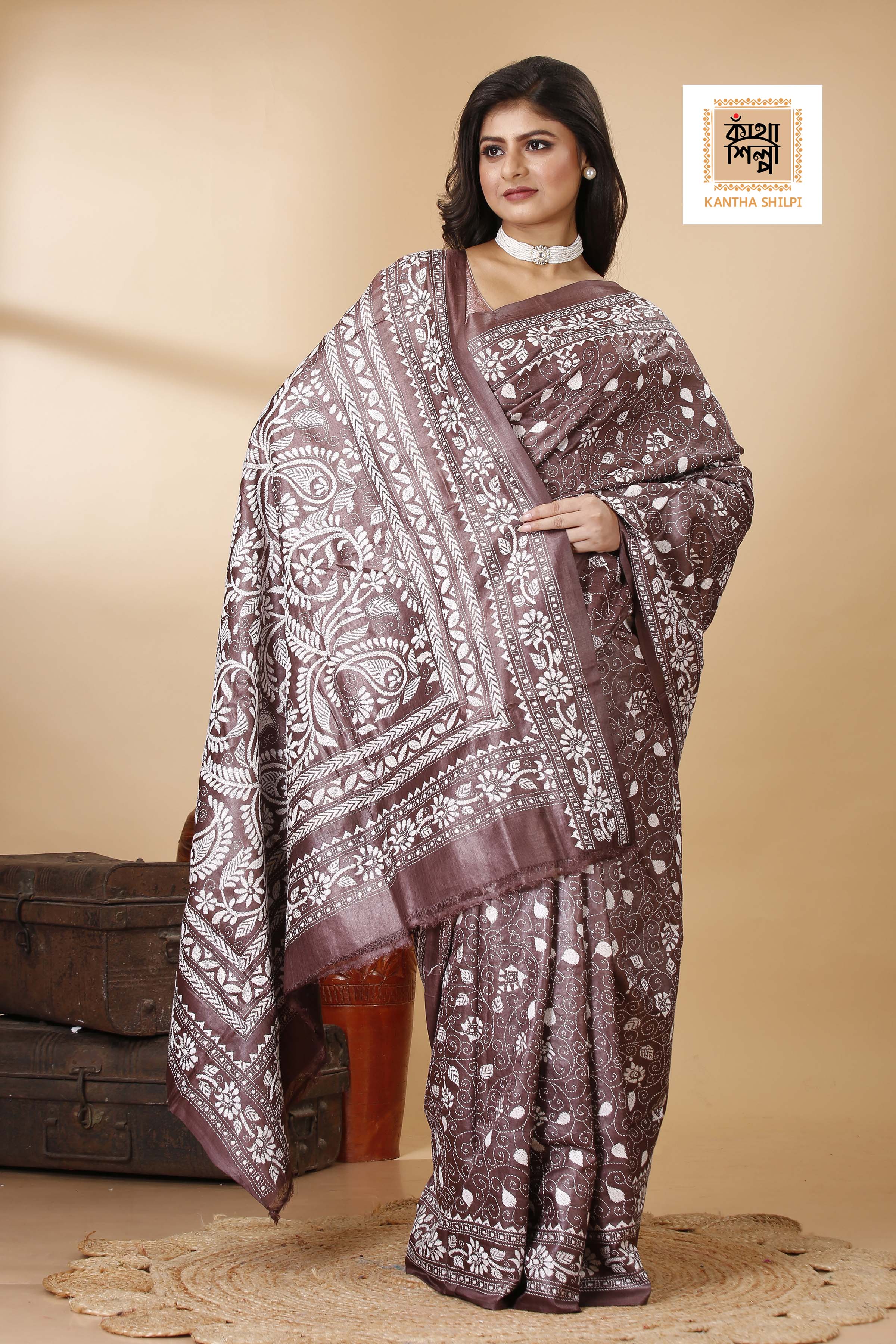 Rosy Finch Color Dye Tussar White Color Thread Work Floral Motif Kantha Stitch Saree