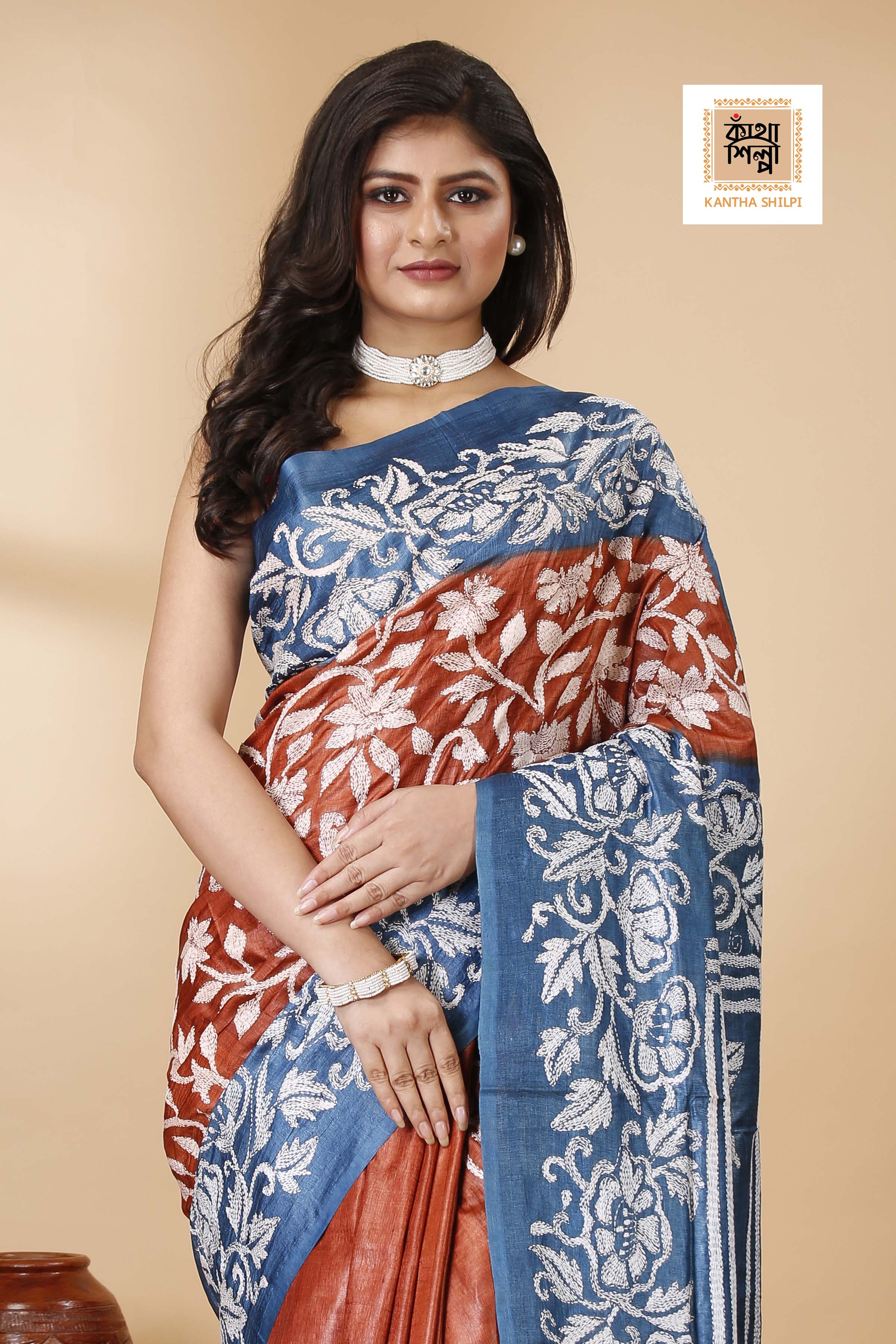 Terra Cotta Color Dye Tussar White Color Thread Work Floral Motif Kantha Stitch Saree