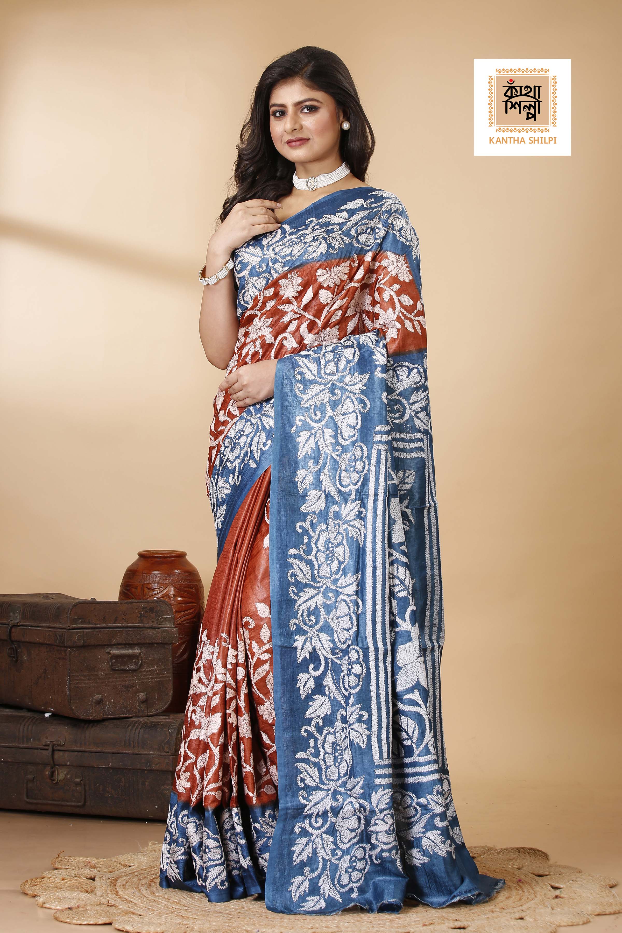 Terra Cotta Color Dye Tussar White Color Thread Work Floral Motif Kantha Stitch Saree