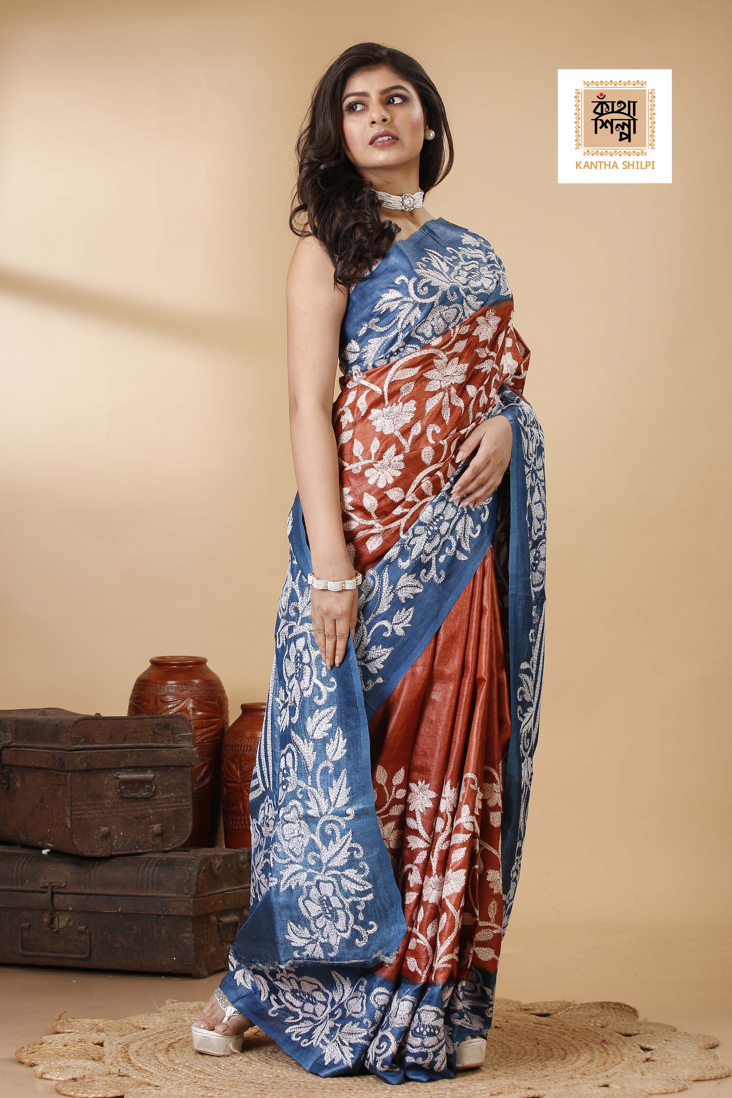 Terra Cotta Color Dye Tussar White Color Thread Work Floral Motif Kantha Stitch Saree
