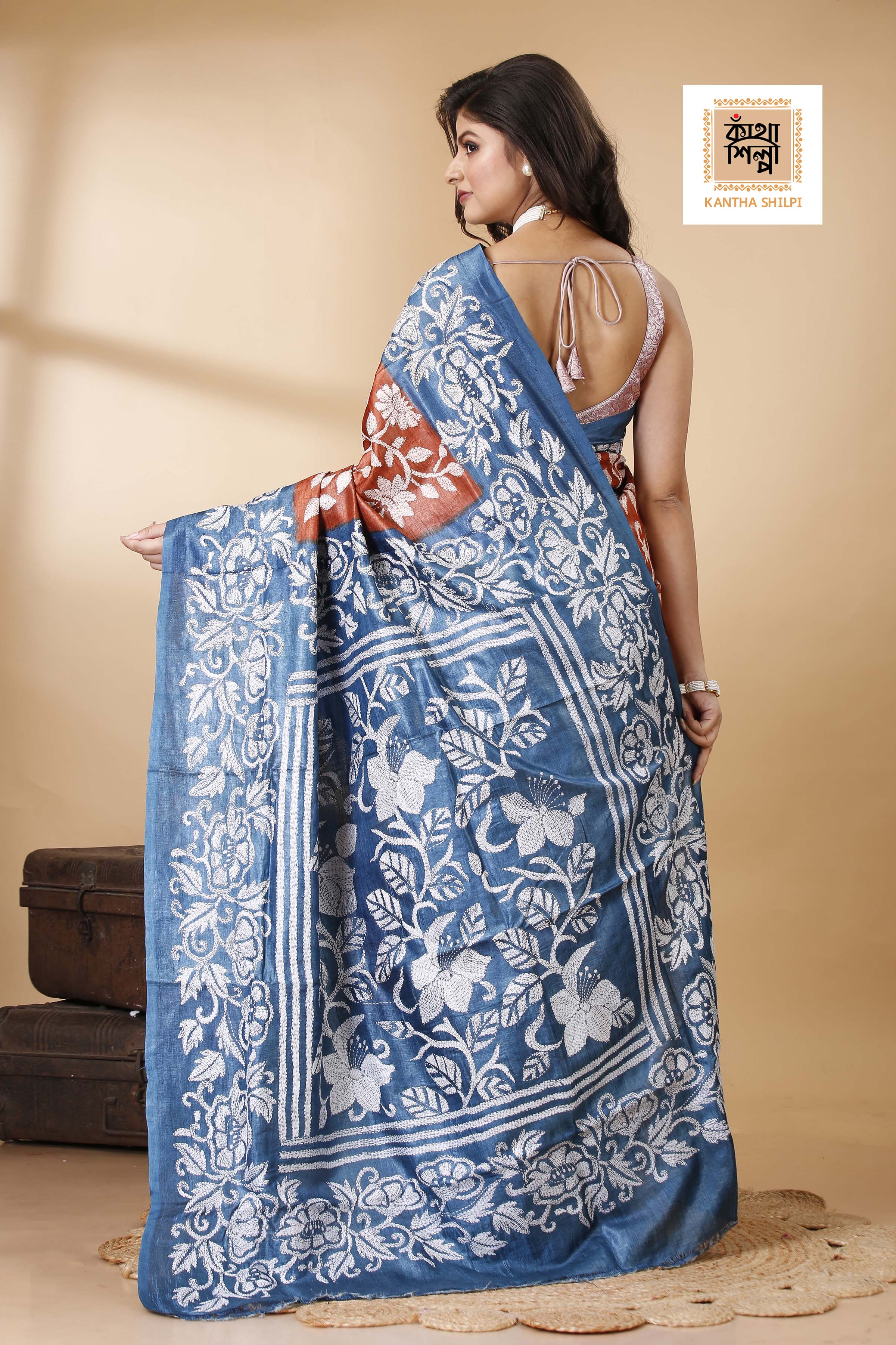 Terra Cotta Color Dye Tussar White Color Thread Work Floral Motif Kantha Stitch Saree