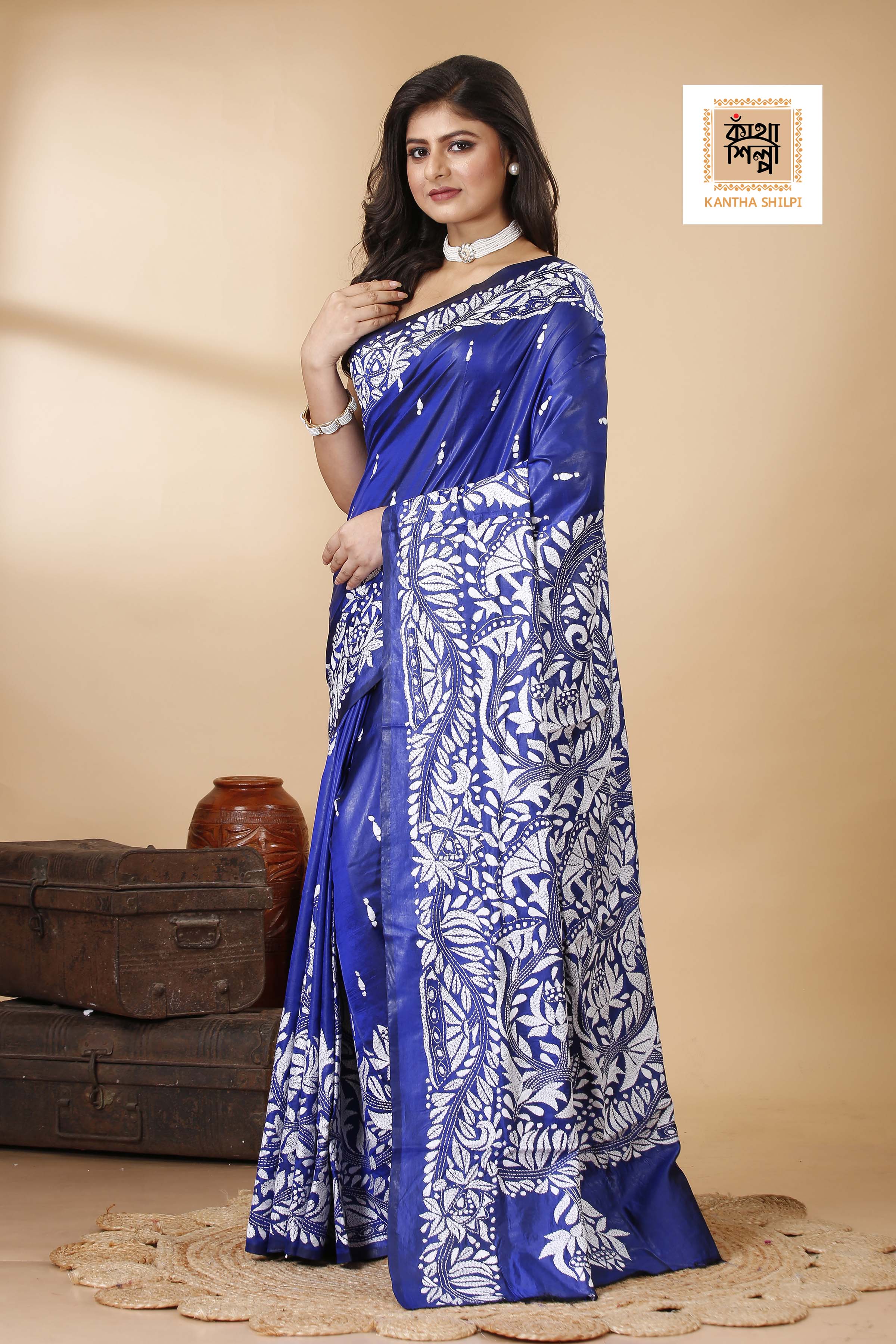 Pure Bangalore Silk Kantha Stitch Saree SN202522319