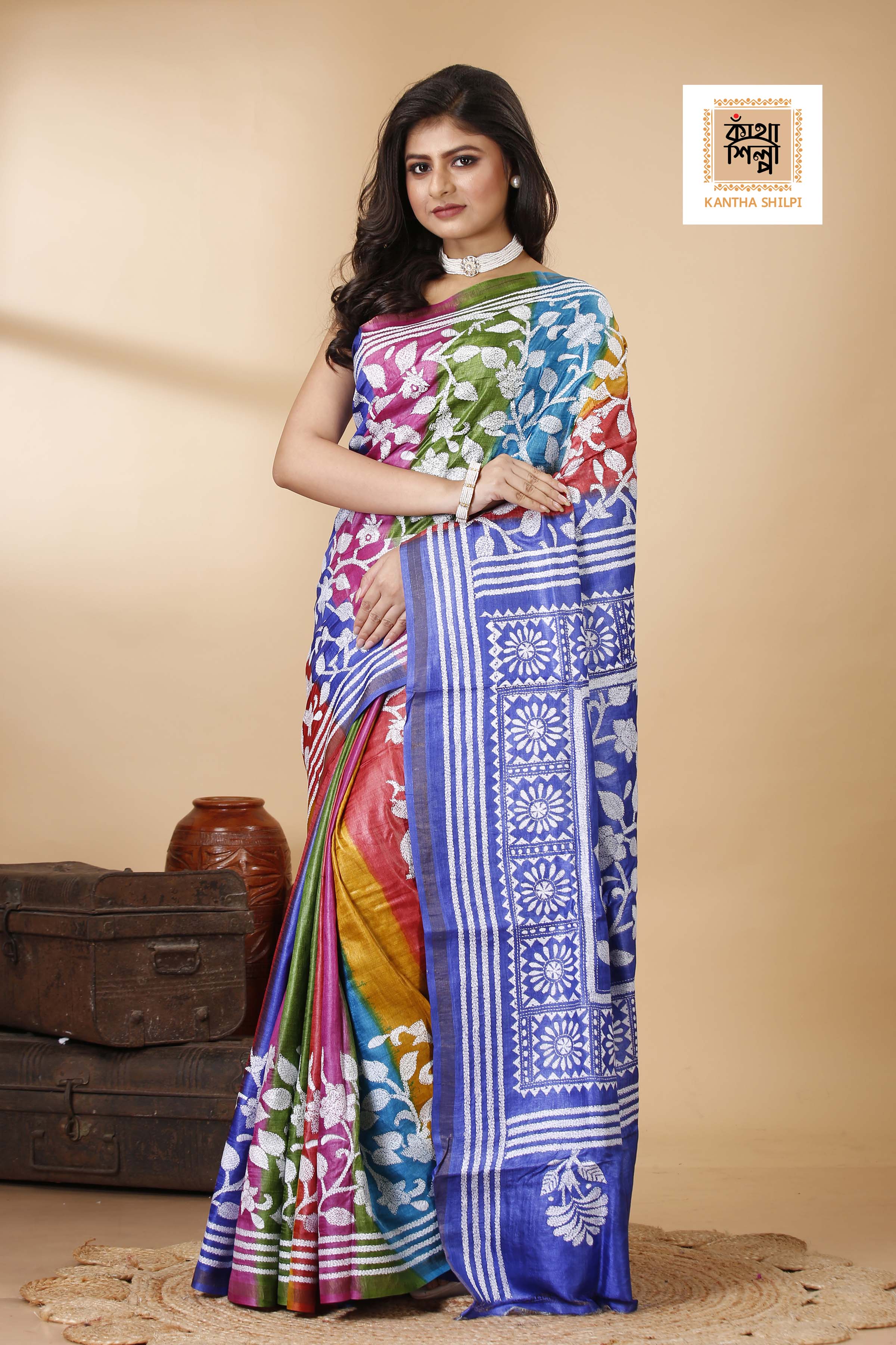 Rainbow Color Dye Tussar White Color Thread Work Floral Motif Kantha Stitch Saree