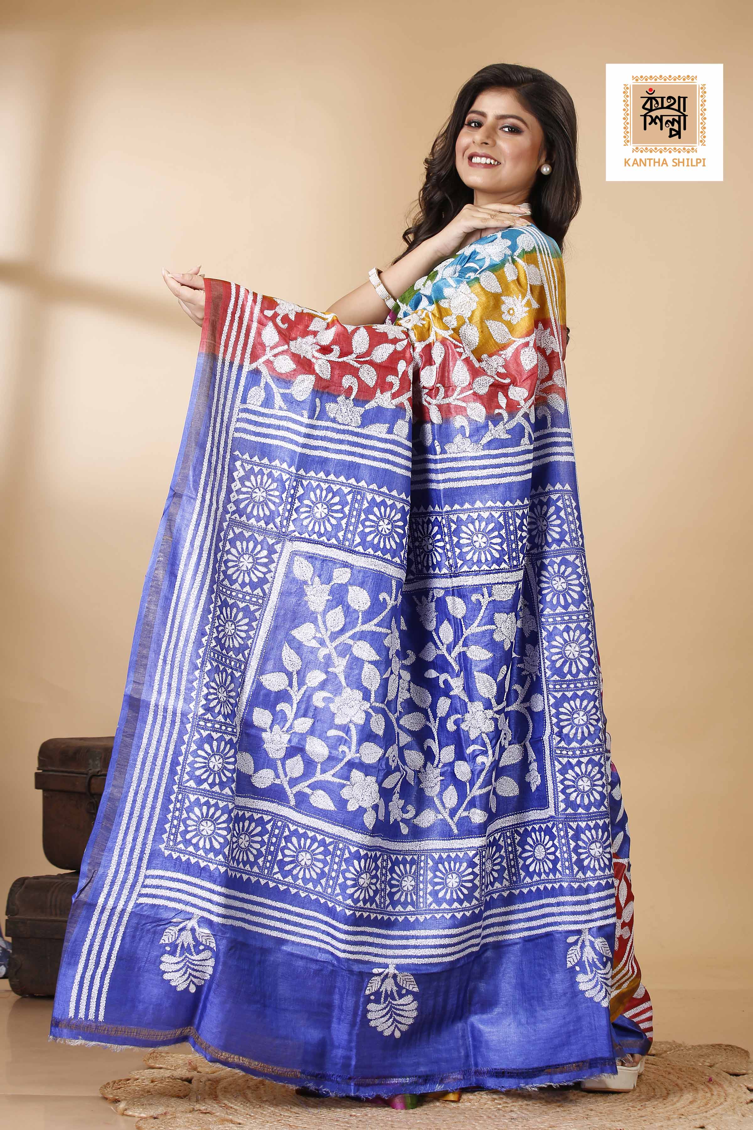 Rainbow Color Dye Tussar White Color Thread Work Floral Motif Kantha Stitch Saree