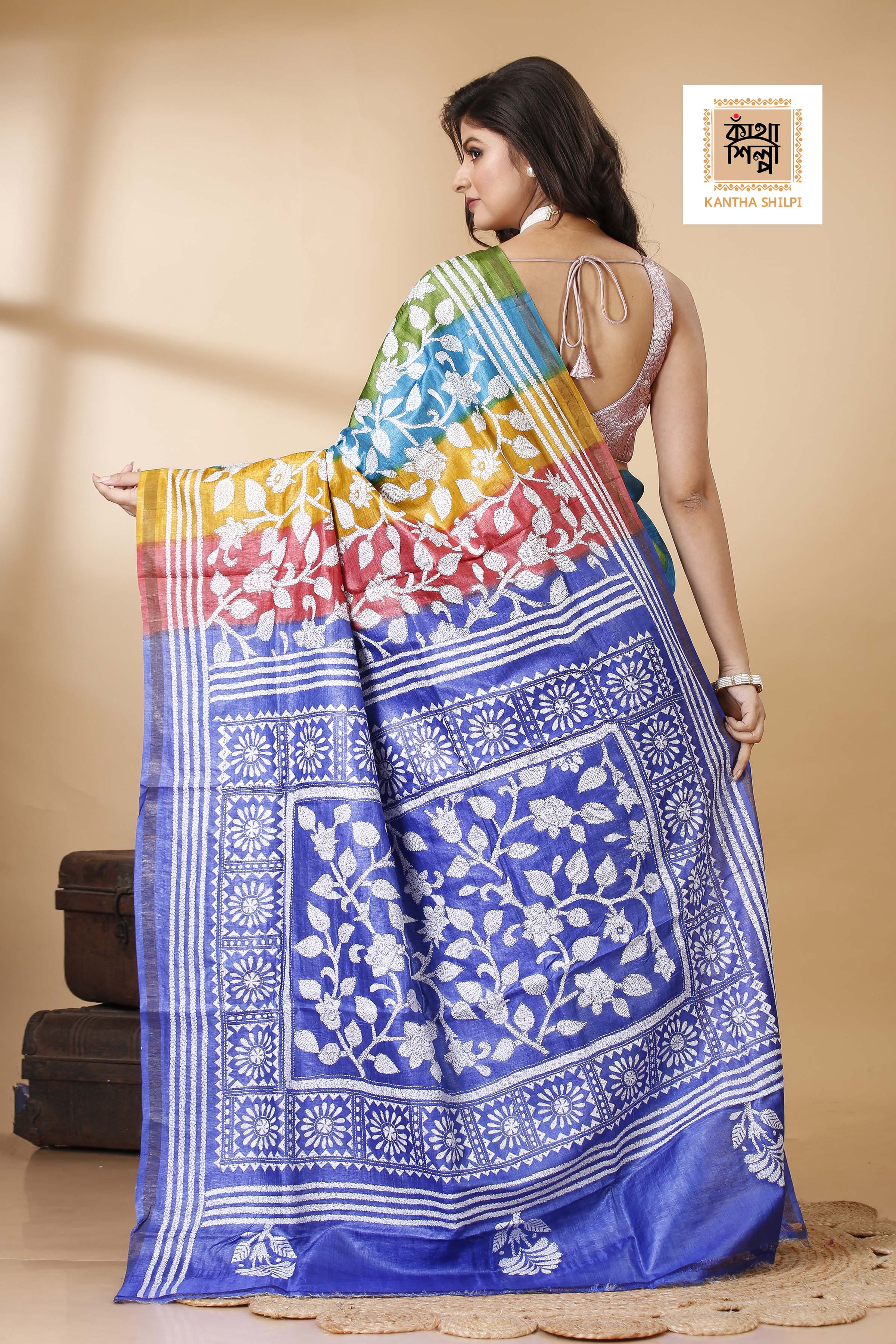 Rainbow Color Dye Tussar White Color Thread Work Floral Motif Kantha Stitch Saree