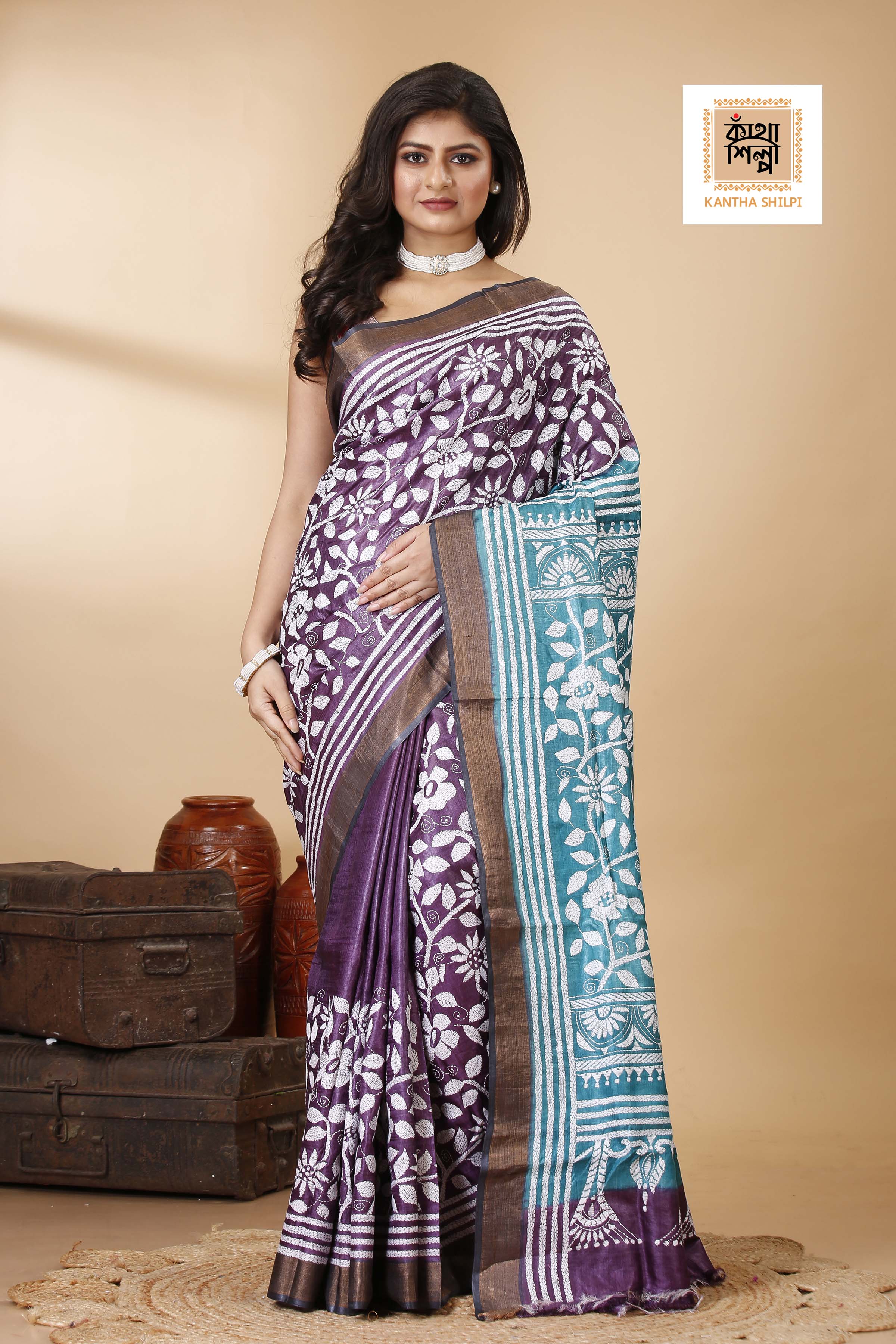 Purple Color Dye Tussar White Color Thread Work Floral Design Kantha Stitch Saree