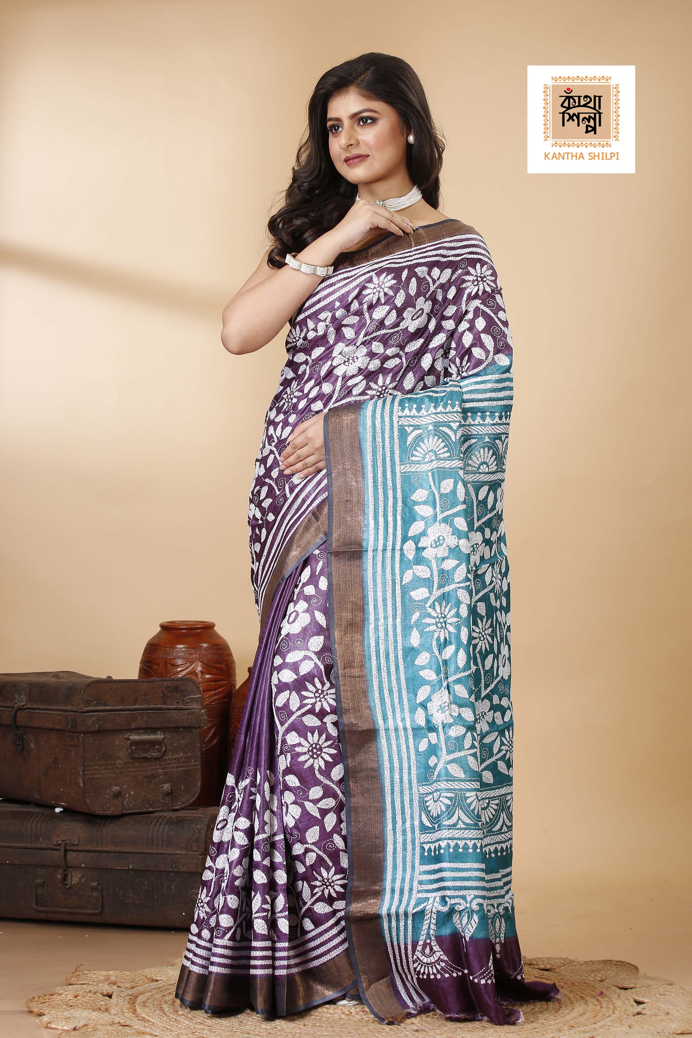 Purple Color Dye Tussar White Color Thread Work Floral Design Kantha Stitch Saree