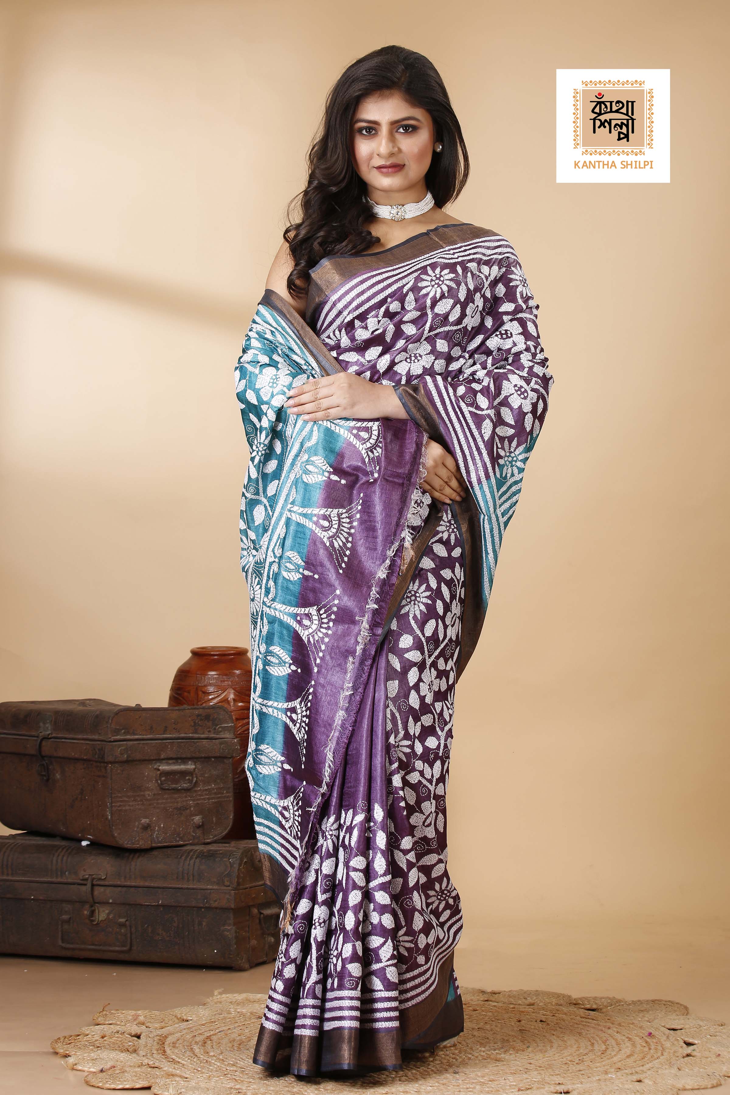 Purple Color Dye Tussar White Color Thread Work Floral Design Kantha Stitch Saree