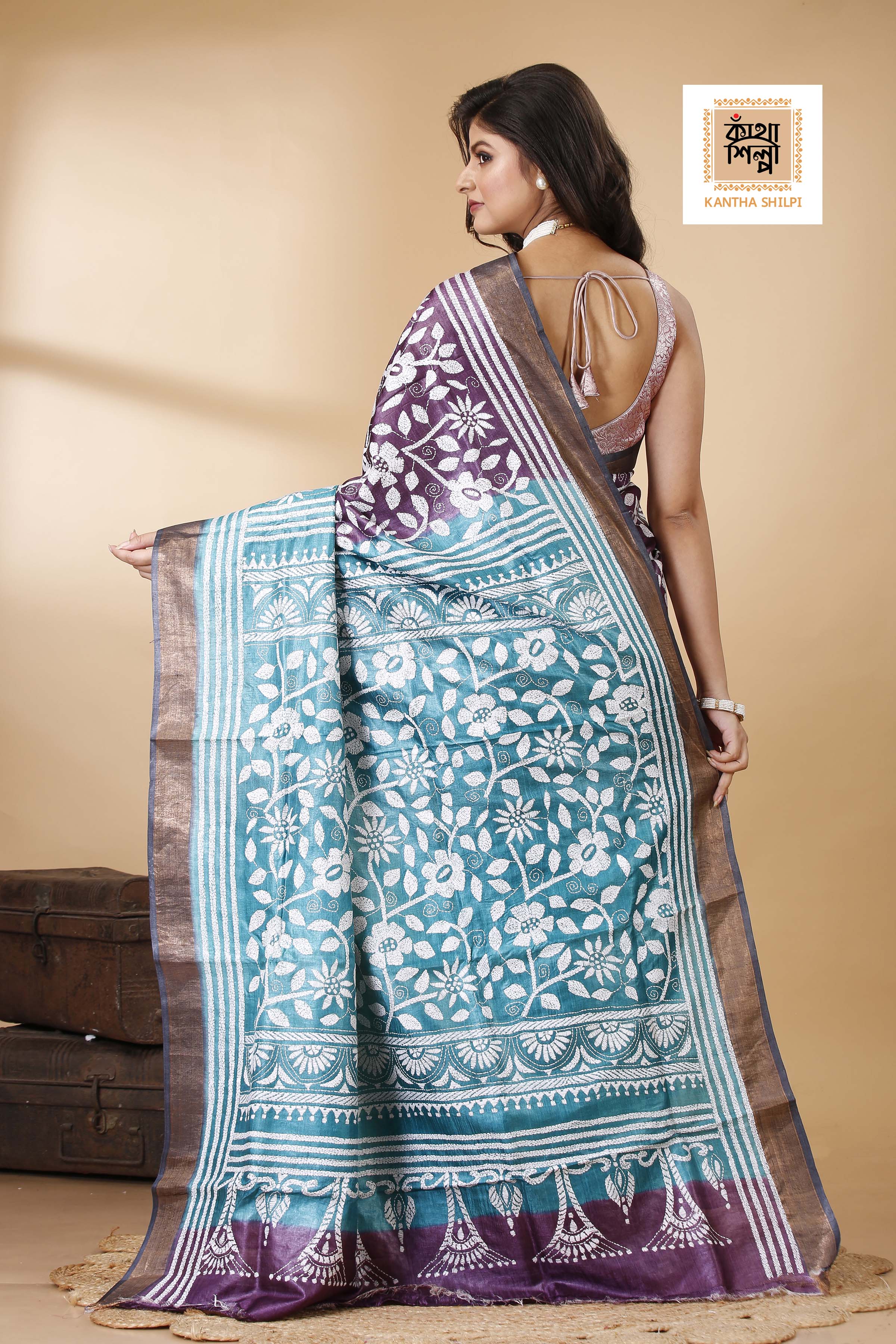 Purple Color Dye Tussar White Color Thread Work Floral Design Kantha Stitch Saree