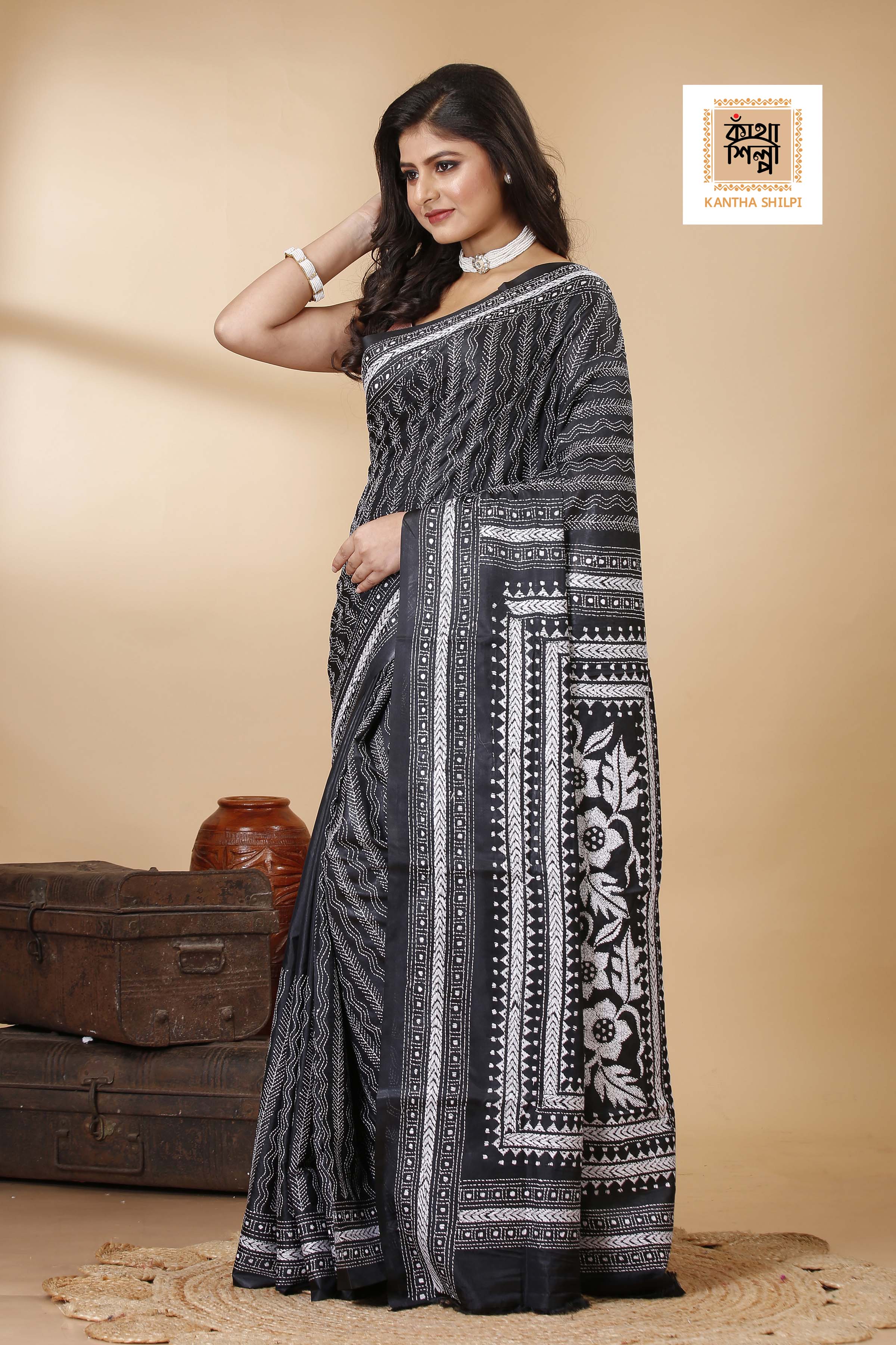 Bangalore Silk Kantha Stitch Saree SN202522349
