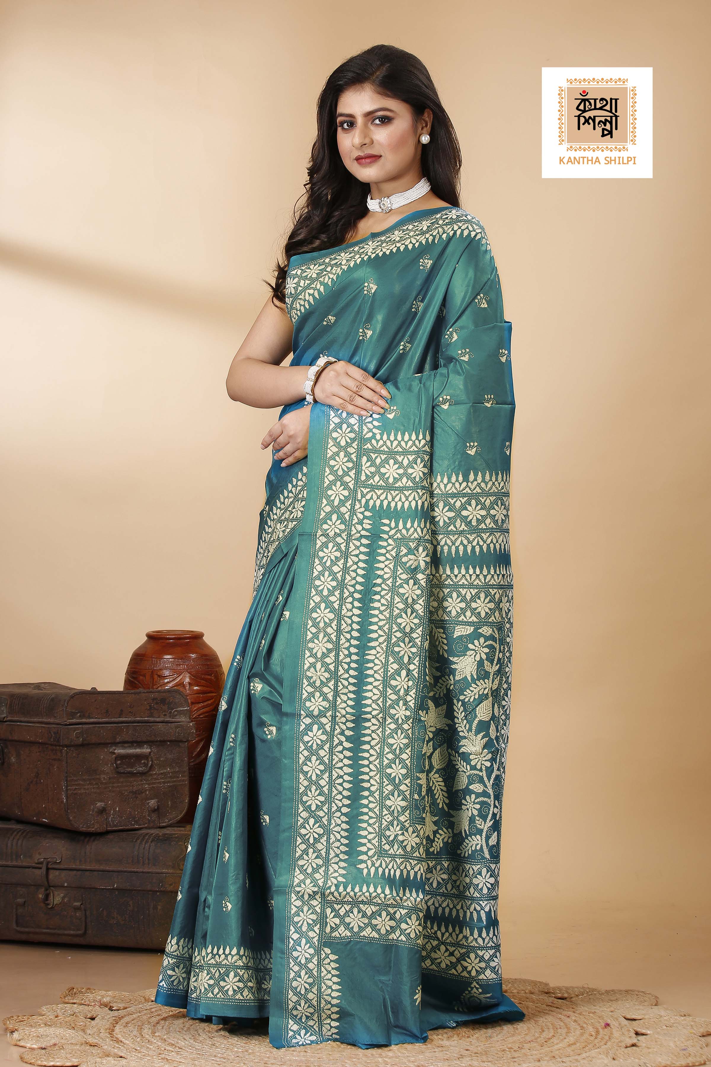 Pure Bangalore Silk Kantha Stitch Saree SN202522385