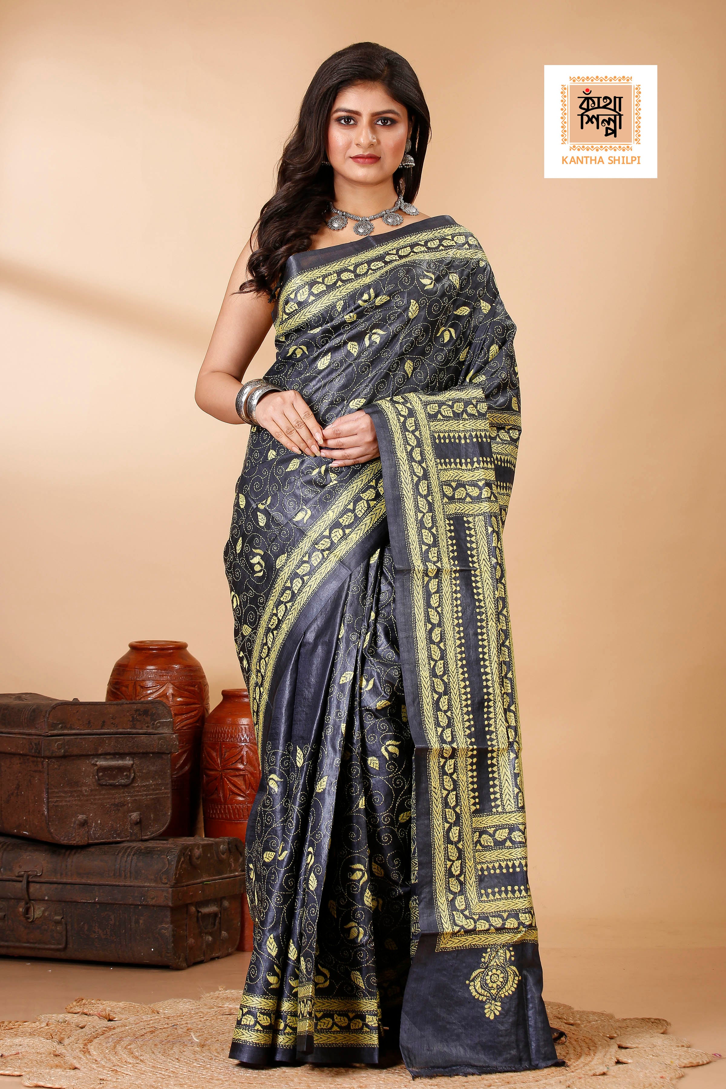 Black Color Dye Tussar Yellow Color Thread Work Floral Motif Kantha Stitch Saree
