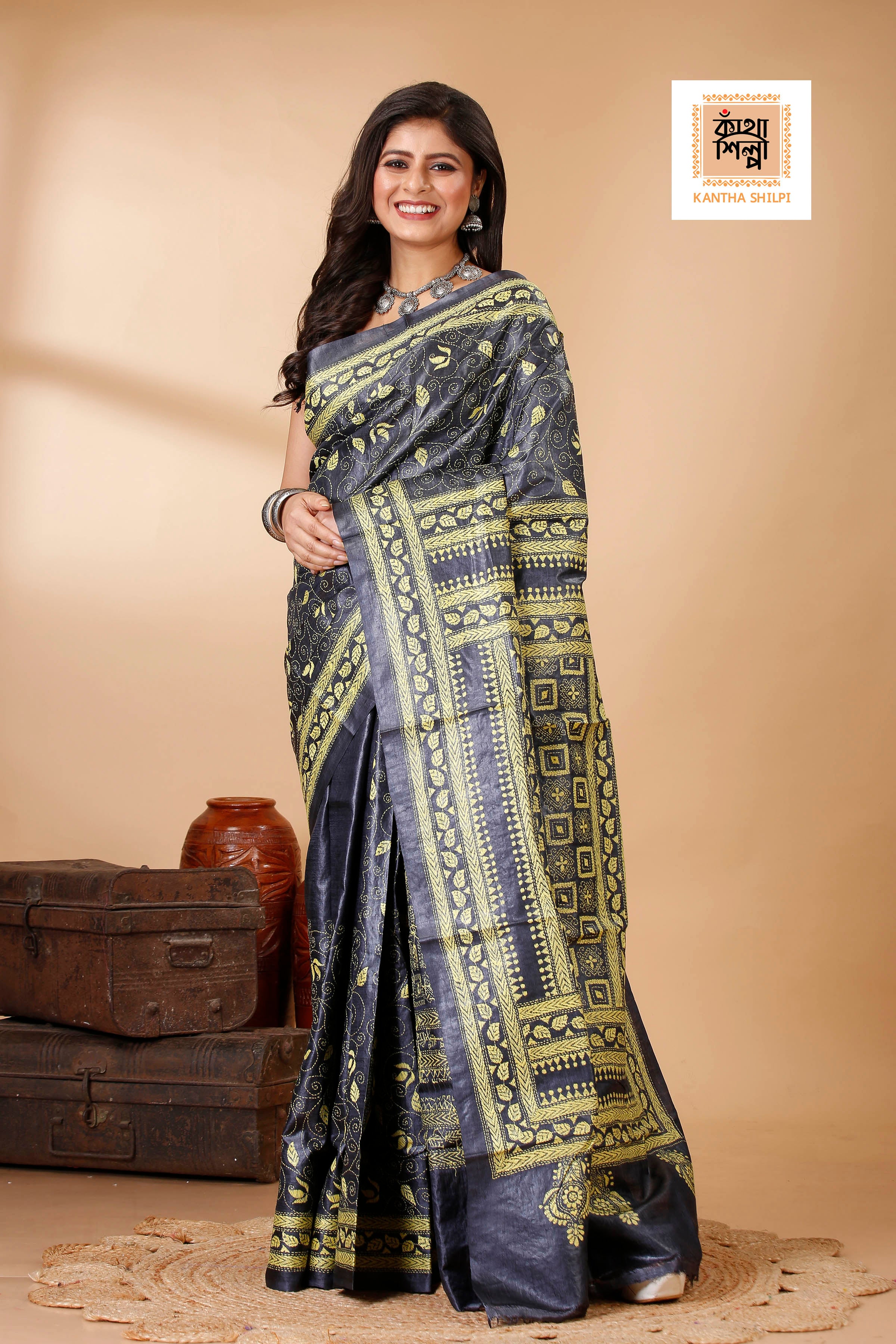 Black Color Dye Tussar Yellow Color Thread Work Floral Motif Kantha Stitch Saree