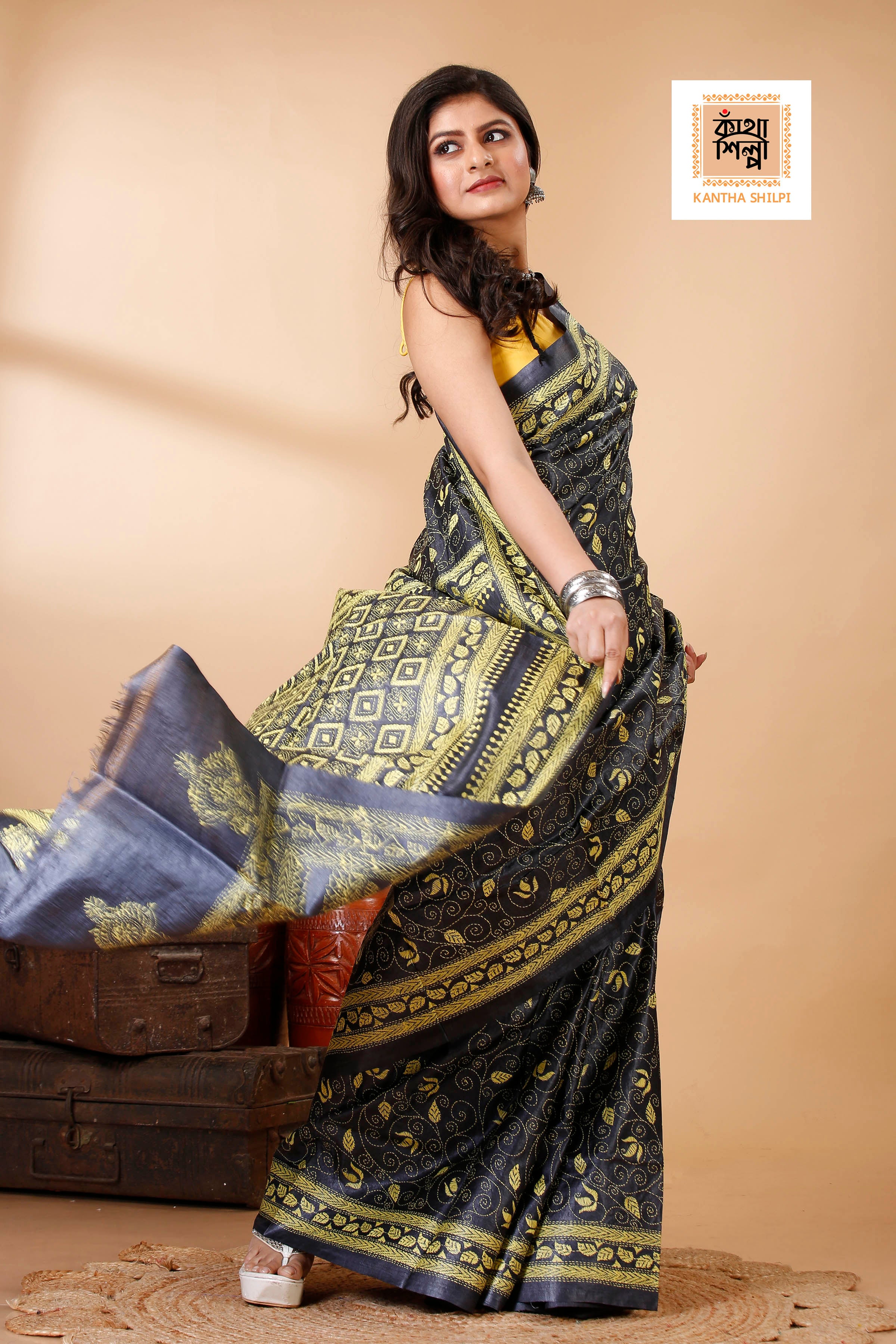 Black Color Dye Tussar Yellow Color Thread Work Floral Motif Kantha Stitch Saree