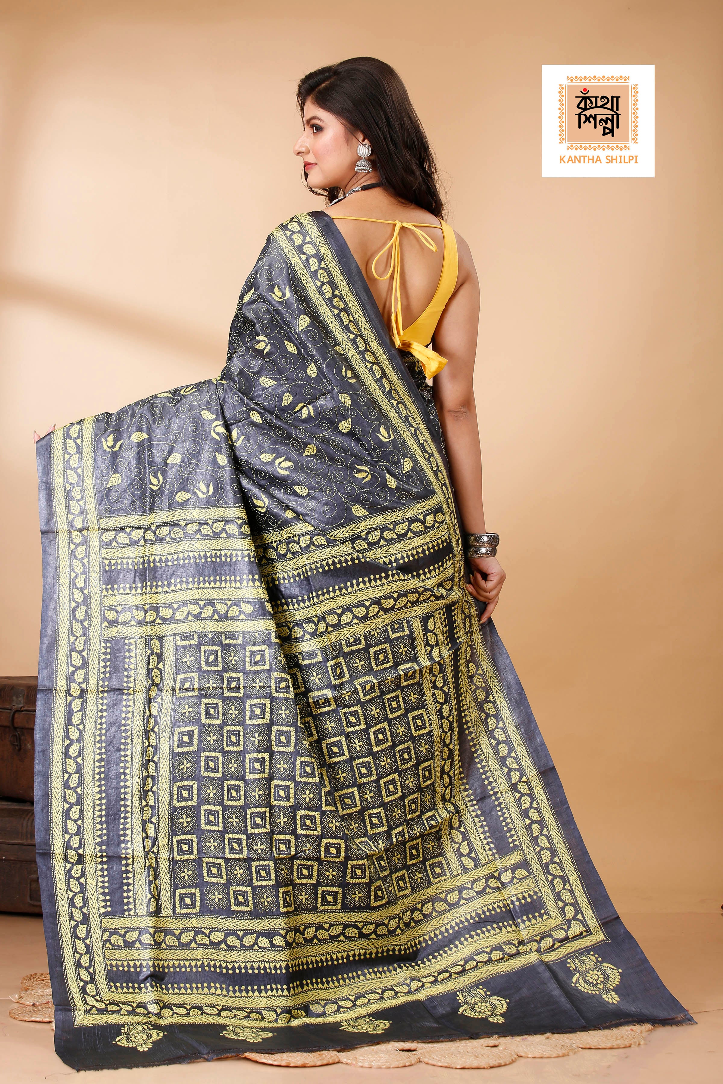 Black Color Dye Tussar Yellow Color Thread Work Floral Motif Kantha Stitch Saree