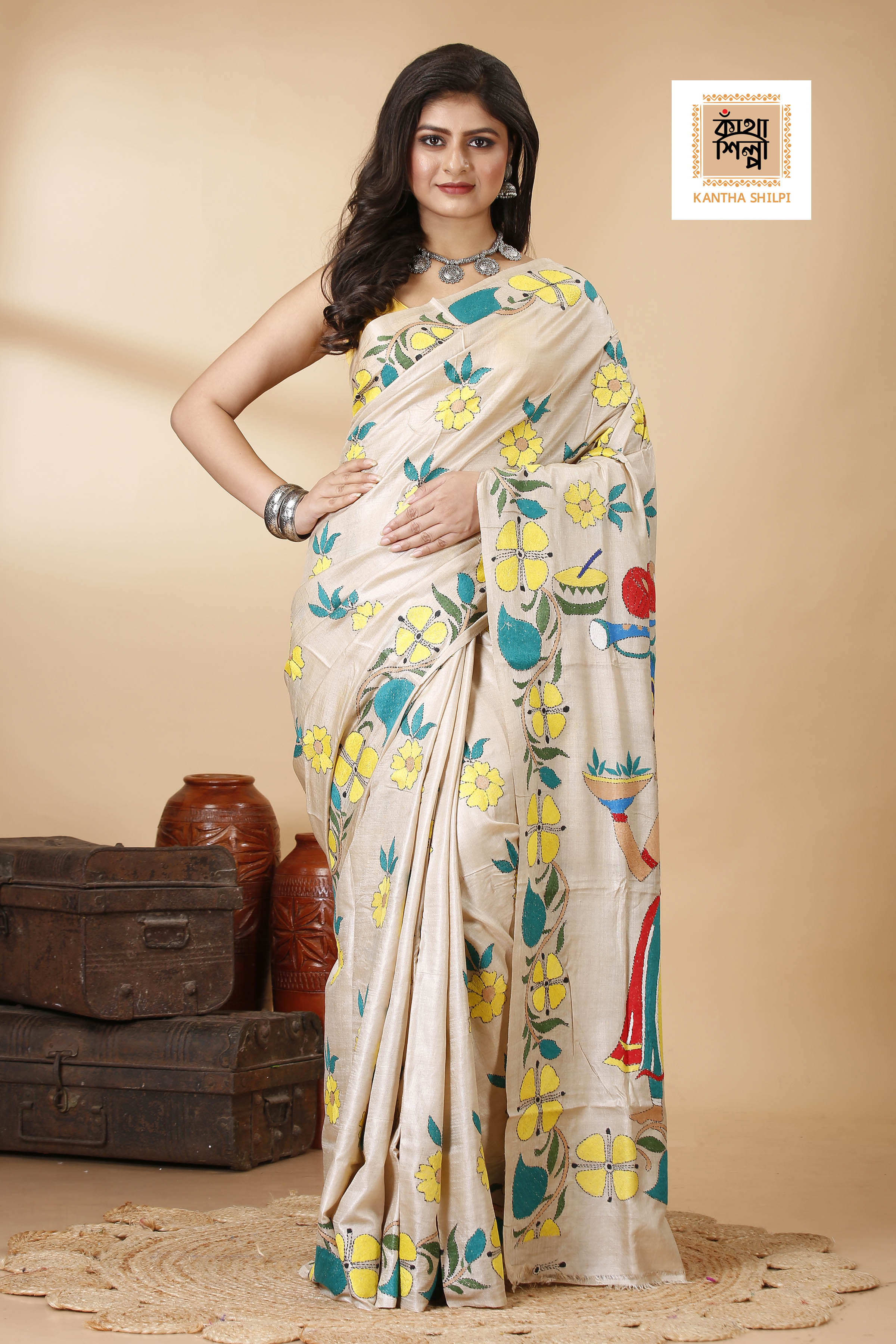 Gachi Tussar Multicolor Thread Work Lord Ganesha and Floral Design Kantha Stitch Saree
